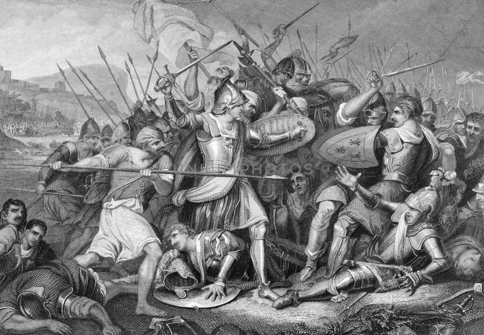 Battle of Agincourt in 1415 on engraving from the 1800s. Major English victory against a numerically superior French army in the Hundred Years War. Engraved by J.Rogers after a painting by J.H.Mortimer and published by J.&amp  F.Tallis.