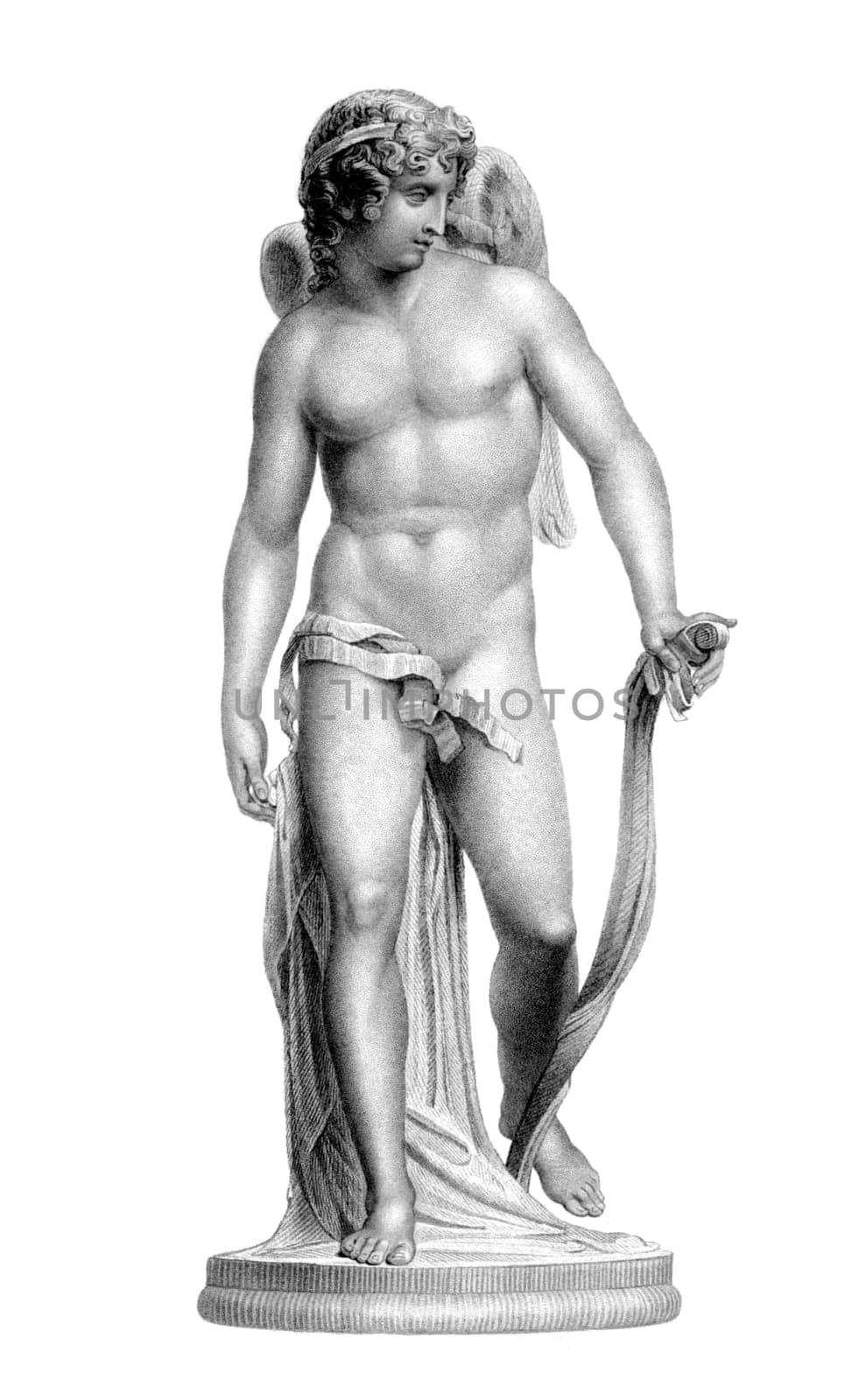 Statue of Cupid on engraving from the 1800s. Roman God of desire, affection and erotic love, that was a copy of Greek God Eros. Engraved by J.Thomson from a statue by R.Westmacott.