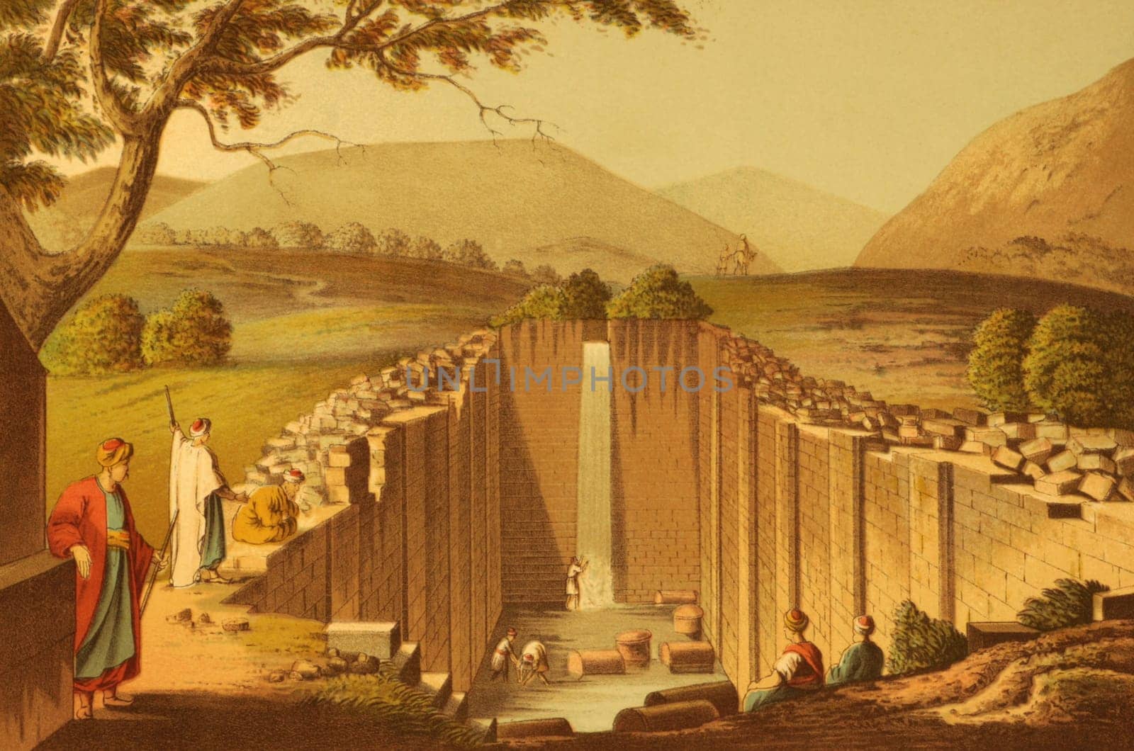 Fountain of Siloam on engraving from the 1800s by Luigi Mayer. A freshwater reservoir that was a major gathering place for ancient Jews making religious pilgrimages to the city and the reputed site where Jesus cured a man blind from birth.
