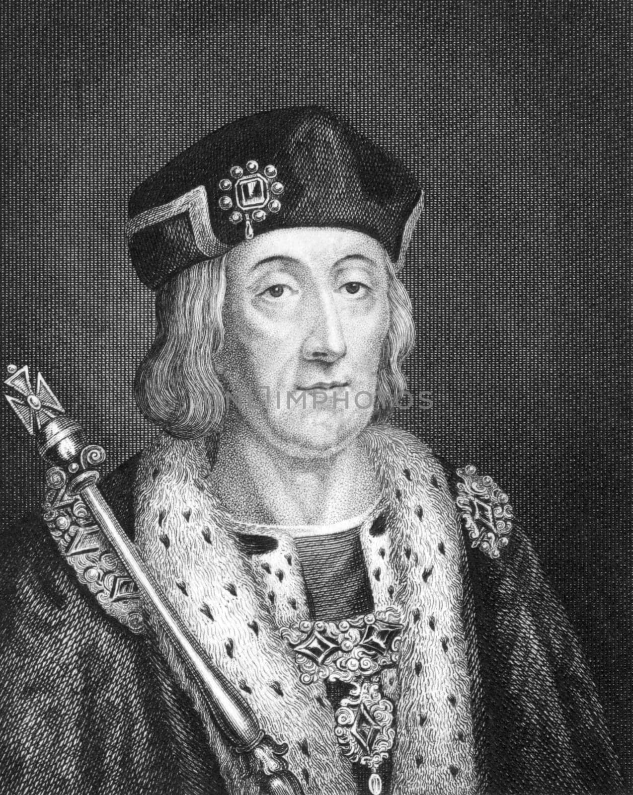 Henry VII (1457-1509) on engraving from 1830. King of England and Lord of Ireland during 1485-1509. Published in London by Thomas Kelly.