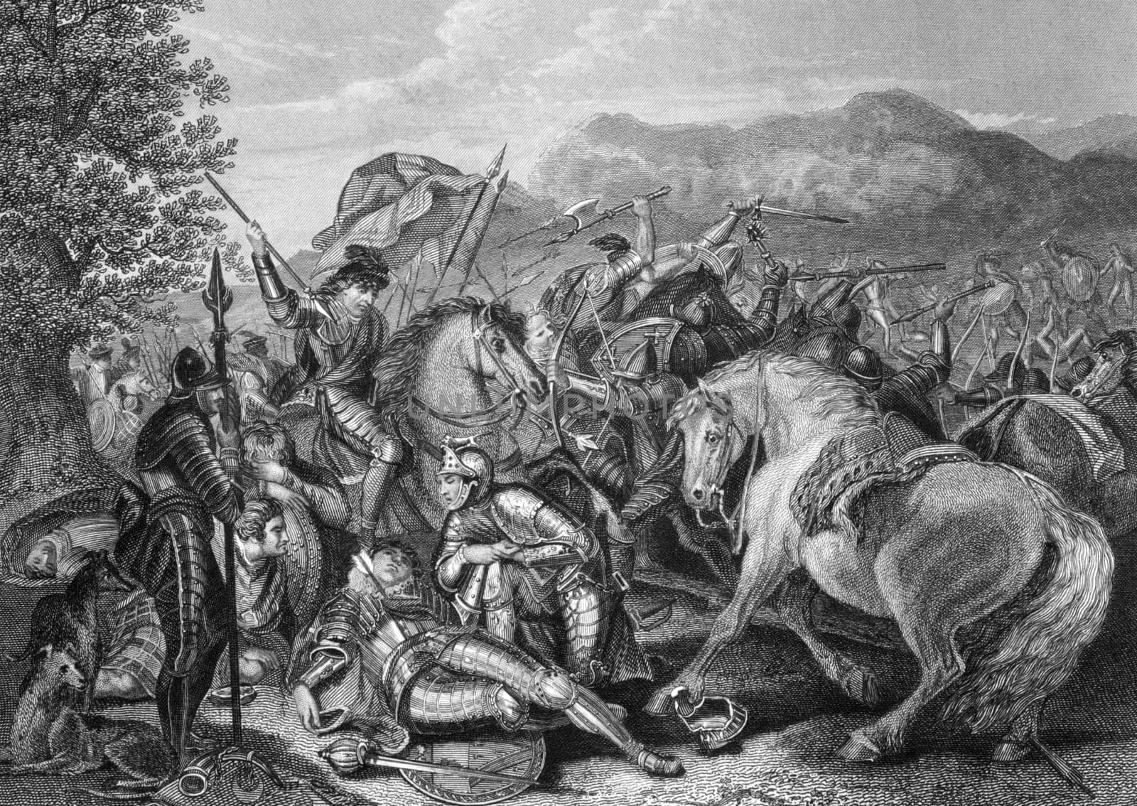 Battle of Otterburn between the Scottish and English in 1388 on engraving from the 1800s. Engraved by J.Rogers after a painting by J.H.Mortimer and published by J.&amp  F.Tallis.