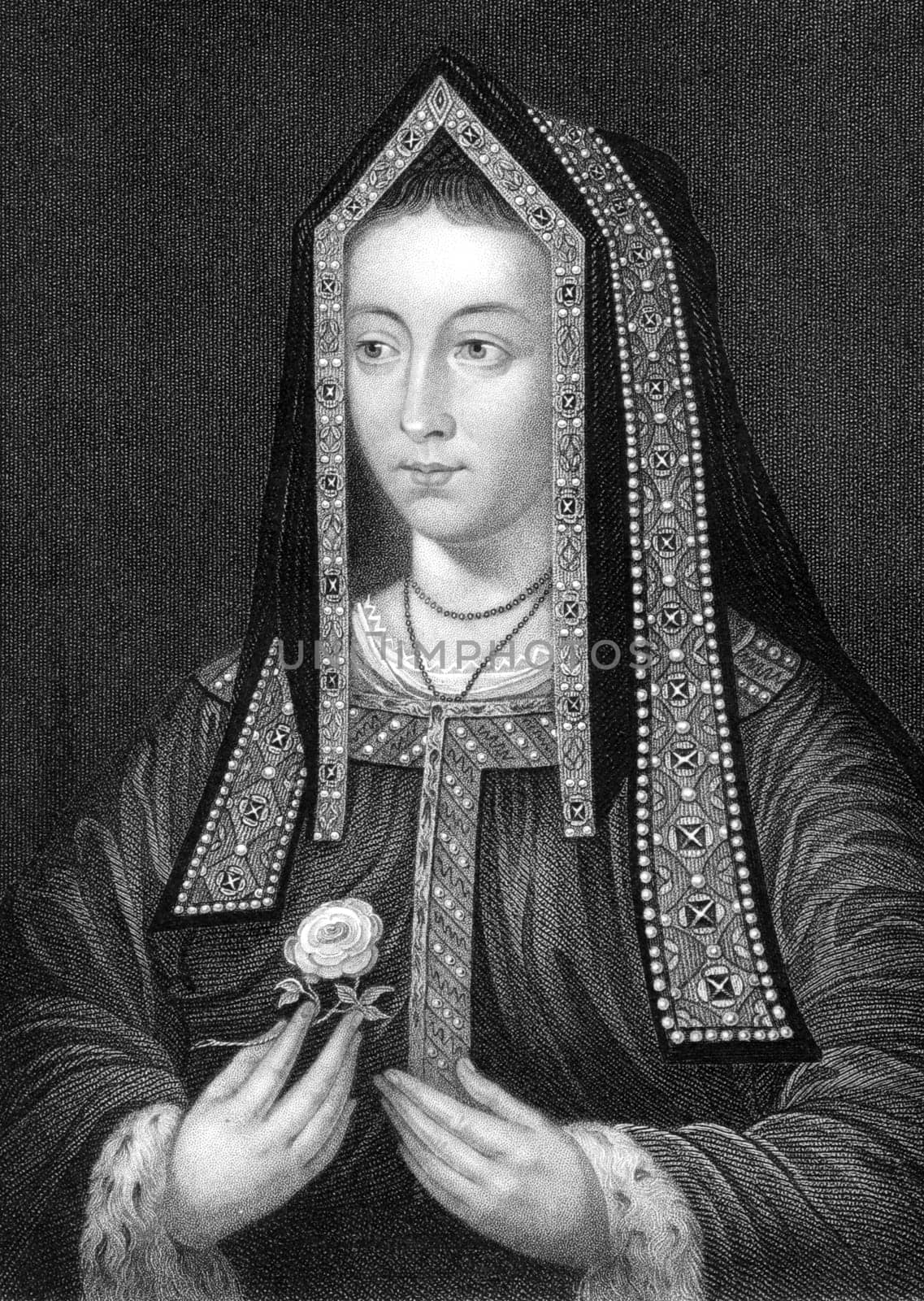 Elizabeth of York (1466-1503) on engraving from 1838. Queen consort of England as spouse of King Henry VII during 1486-1503 and mother of King Henry VIII. Engraved by W.Holl and published by J.Tallis &amp  Co.