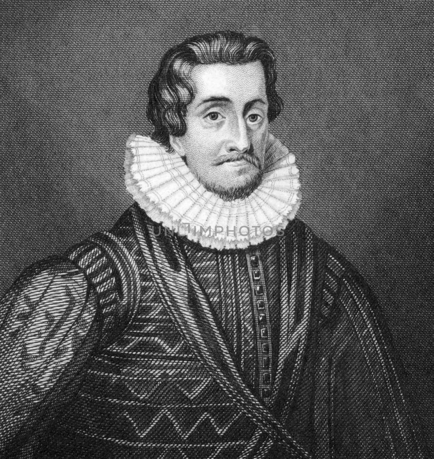James I (1566-1625) on engraving from 1830. King of Scots as James VI during 1567-1625 and King of England and Ireland as James I during 1603-1625. Published in London by Thomas Kelly.