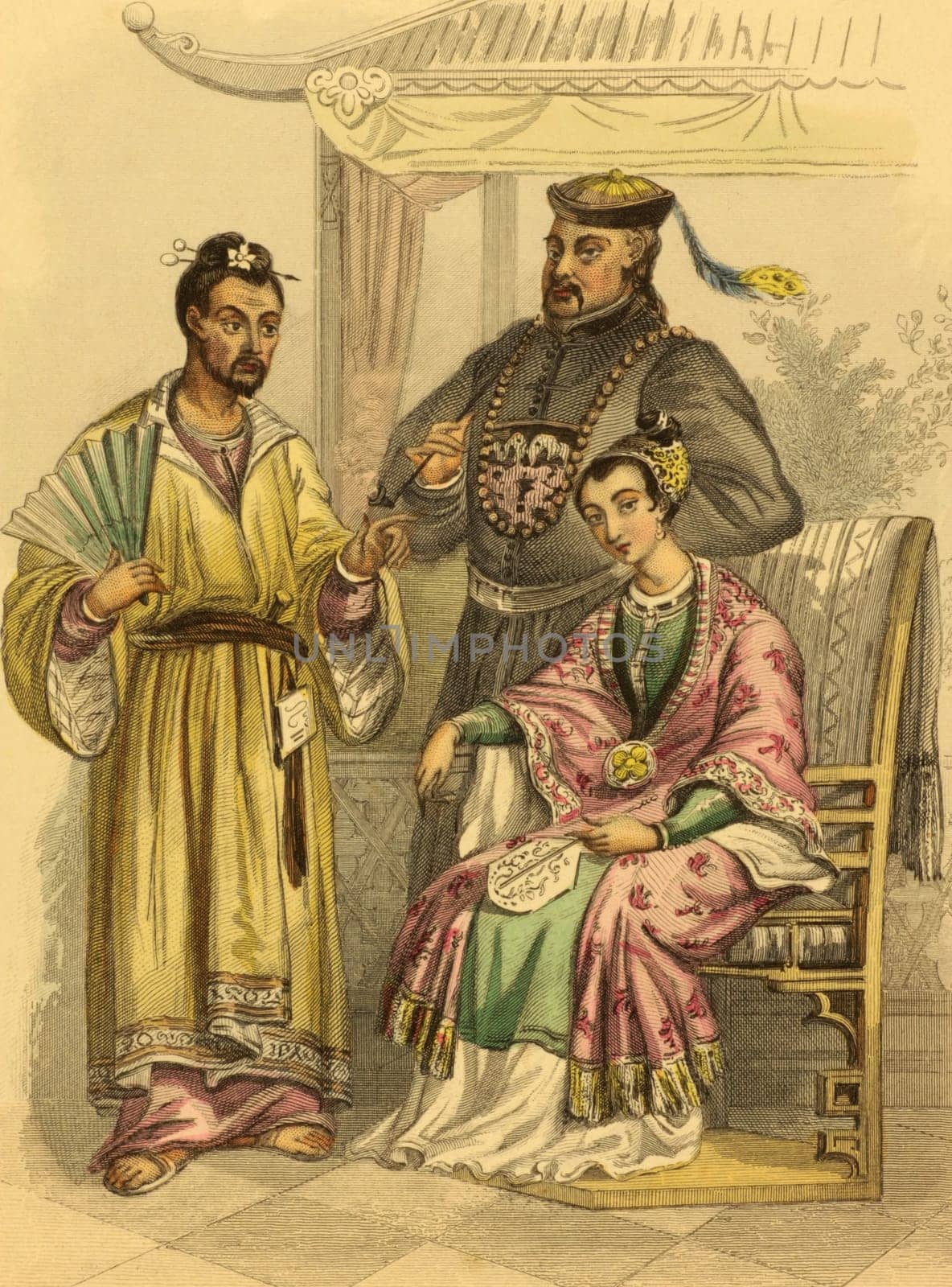 Japanese and Chinese costumes on engraving from 1853 by Rouargue.