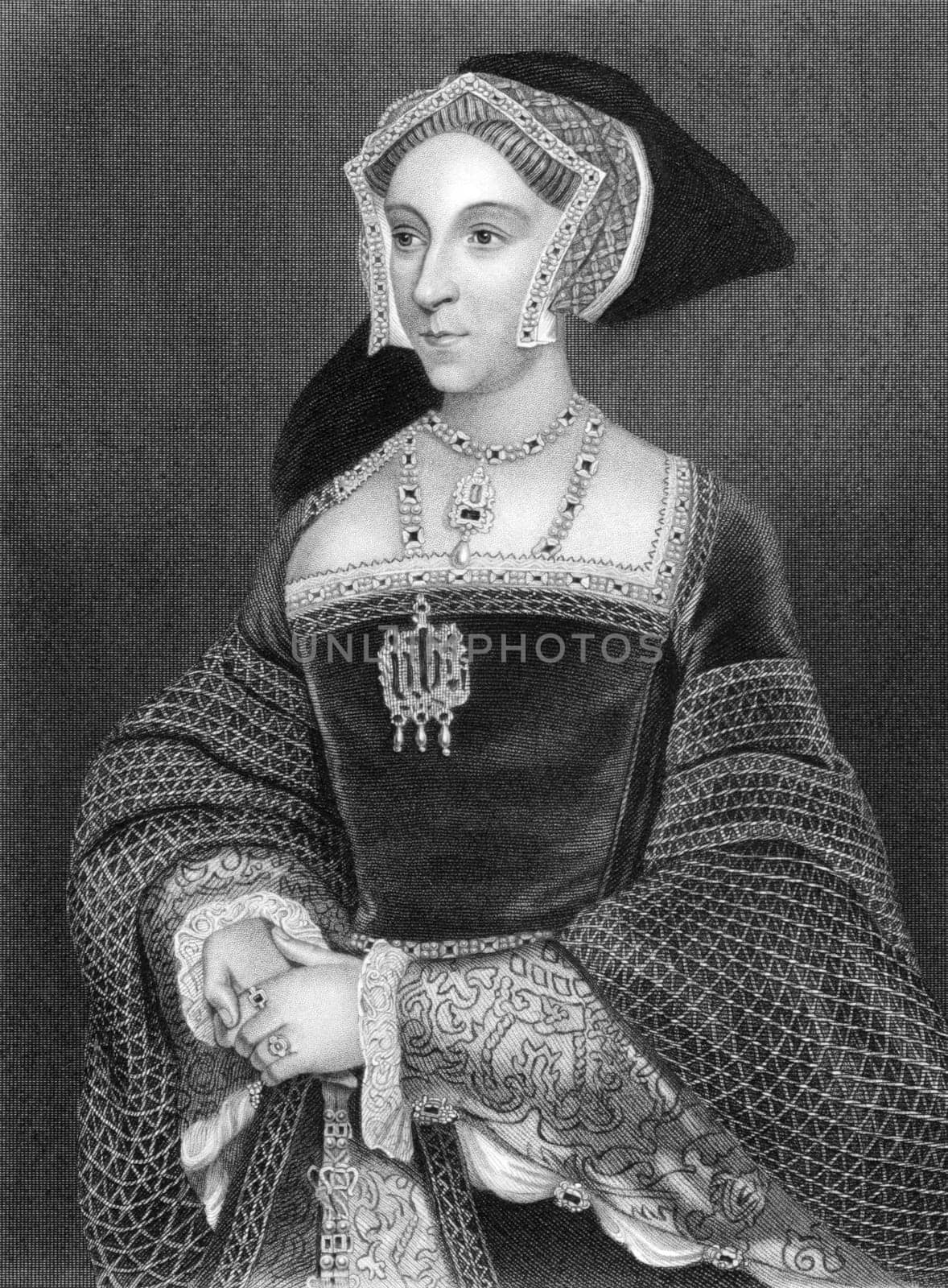 Jane Seymour (1508-1537) on engraving from 1838. Queen consort of England as the third wife of King Henry VIII. Engraved by H.Robinson after a painting by Holbein and published by J.Tallis &amp  Co.
