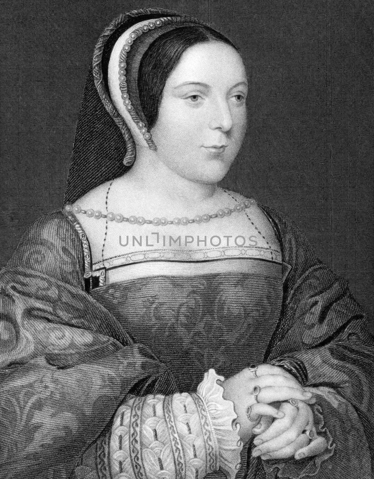 Margaret Tudor (1489-1541) on engraving from 1838. Queen of Scotland. Engraved by J.Cochran and published by J.Tallis &amp  Co.