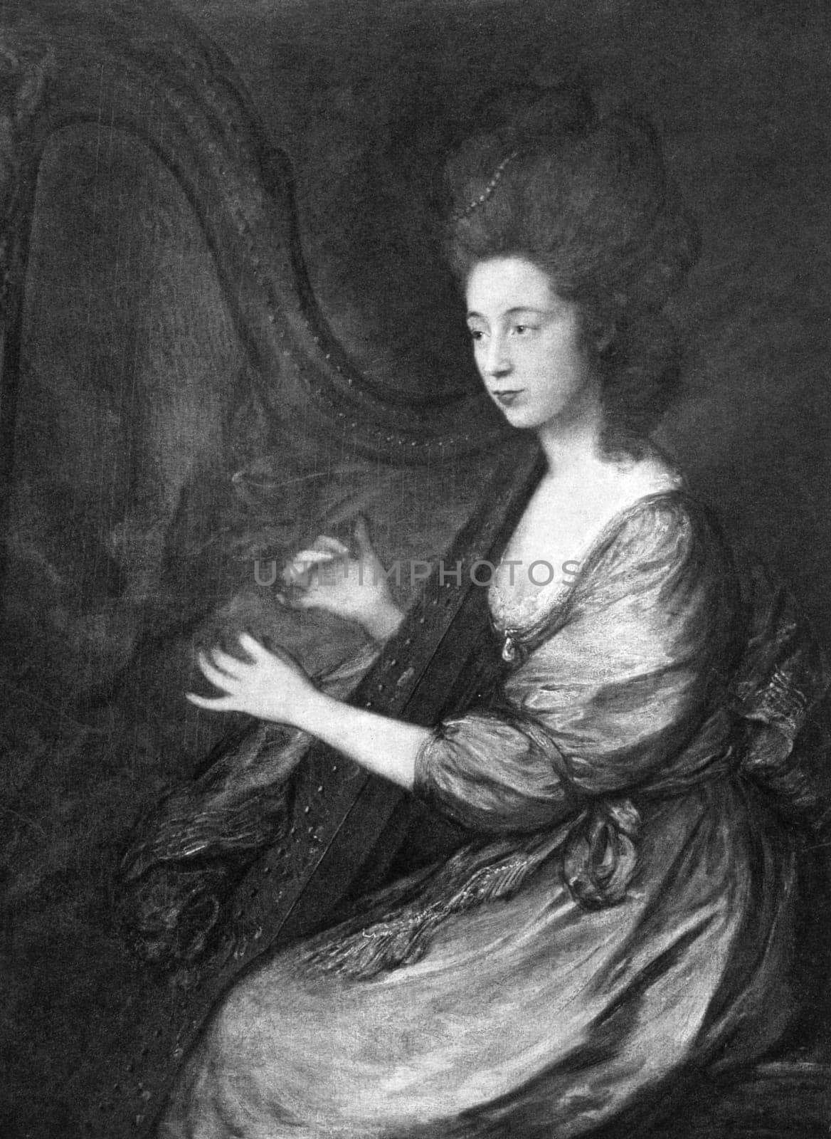 Louisa Clarges (1760-1809) on engraving from 1900. Accomplished singer, harp player and patron of several outstanding musicians. Engraved after a painting by 	T.Gainsborough and published by Virtue &amp  Co.