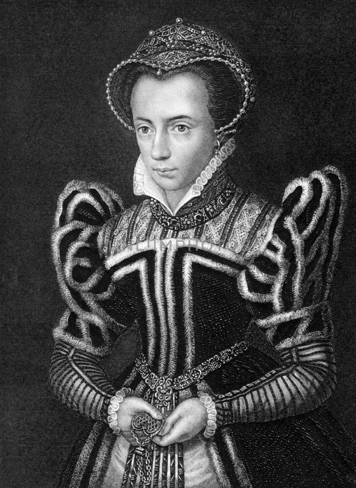 Mary I of England (1516-1558) on engraving from 1838. Queen regnant of England and Ireland during 1553-1558. Engraved by H.T.Ryall after a painting by Holbein and published by J.Tallis &amp  Co.