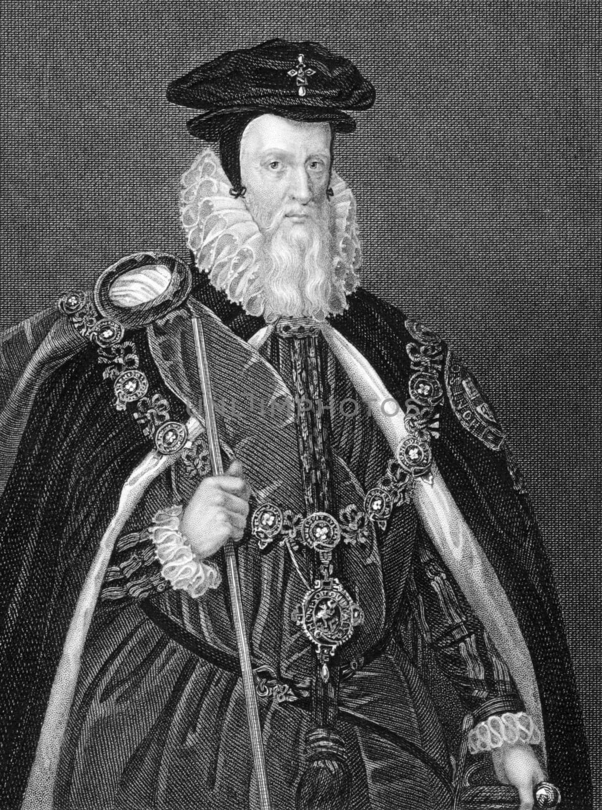 William Cecil, 1st Baron Burghley (1521-1598) on engraving from 1838. English statesman. Engraved by H.T.Ryall after a painting by MArk Gerard and published by J.Tallis &amp  Co.