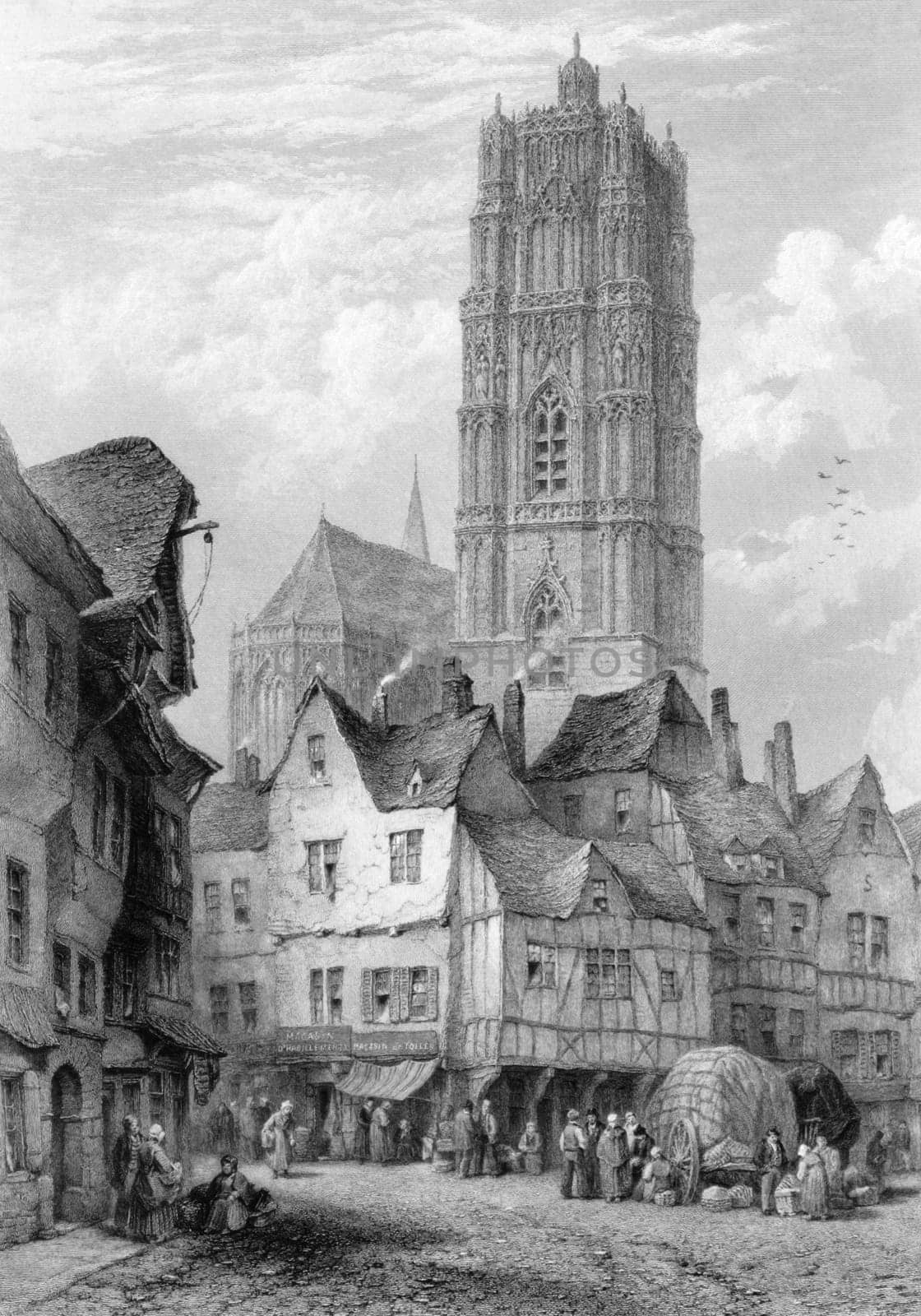 Rodez Cathedral on engraving from 1872. Engraved by J.J.Crew after a picture by L.J.Wood.