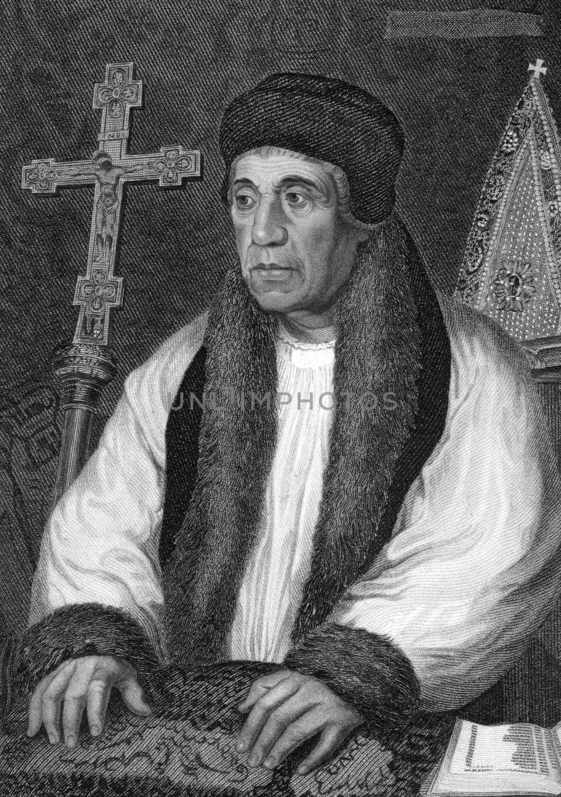 William Warham (1450-1532) on engraving from 1838. Archbishop of Canterbury. Engraved by W.T.Mote after a painting by Holbein and published by J.Tallis &amp  Co.