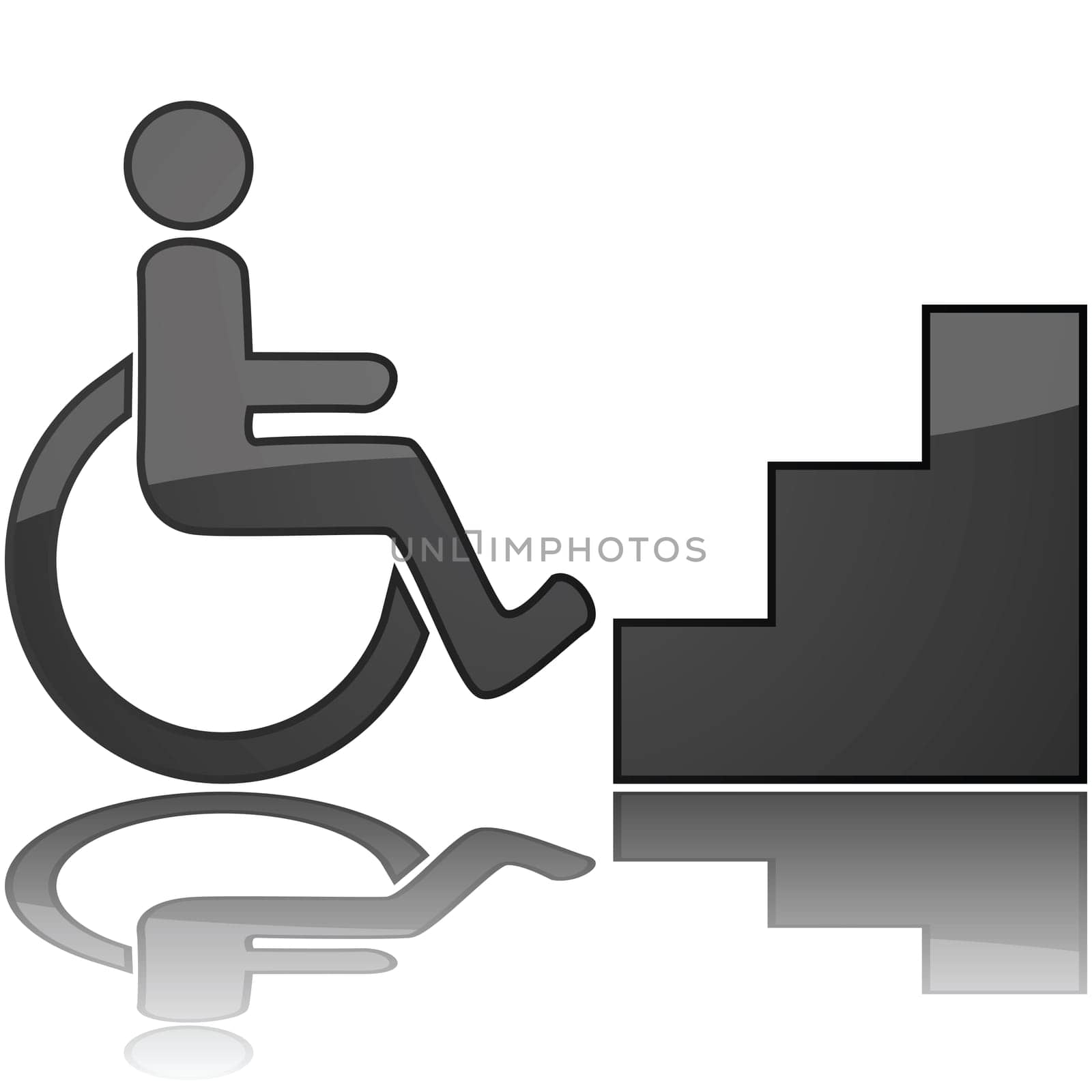 Concept illustration showing a wheelchair in front of stairs, to represent something inaccessible