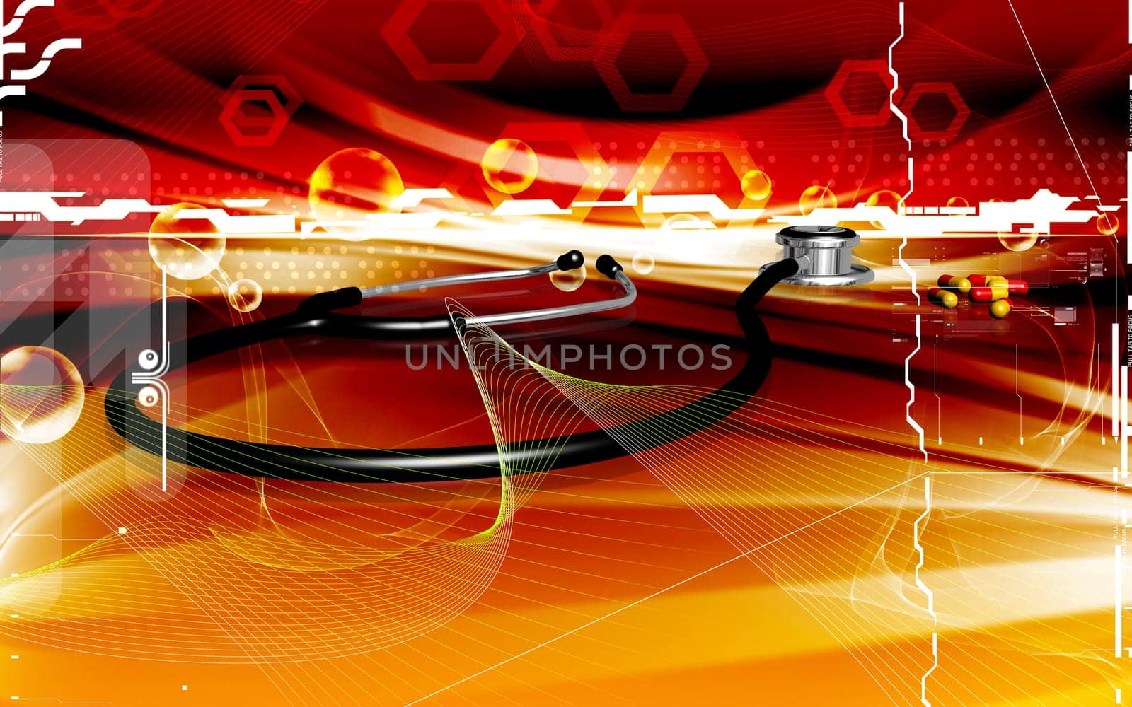 Digital illustration of stethoscope and capsule in colour background