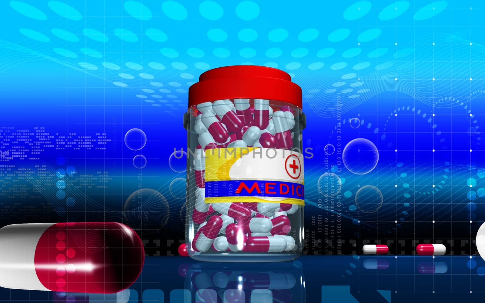Digital illustration of capsule bottle in colour background