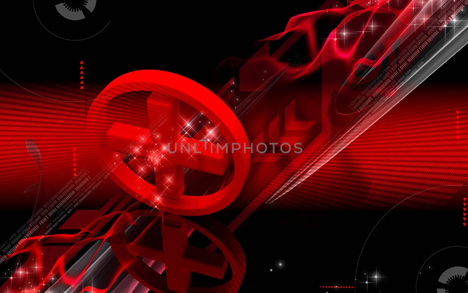 Digital illustration of a red cross symbol in colour background