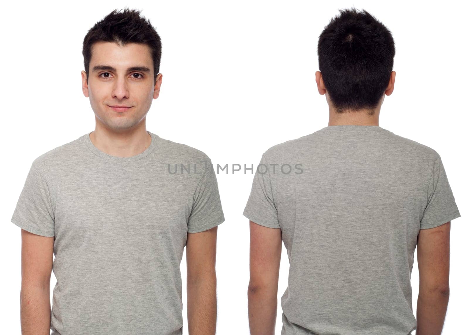 front and back of a young casual man wearing t-shirt isolated on white background