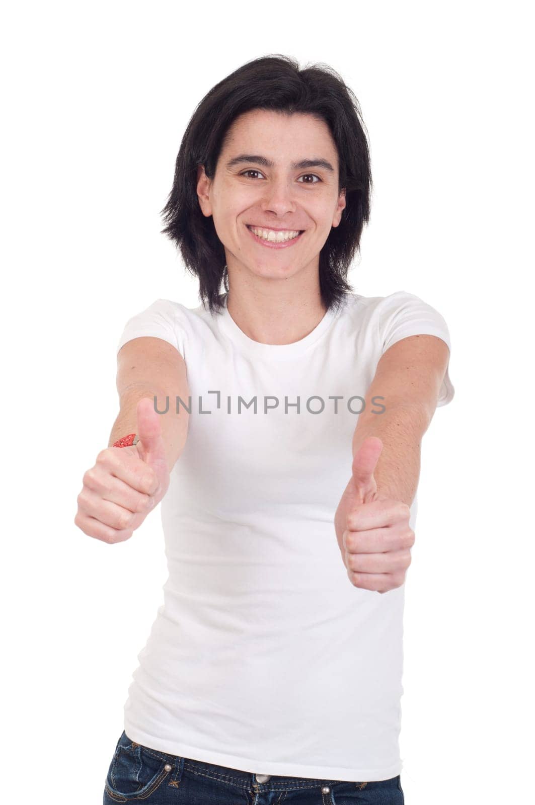 smiling casual woman with thumbs up on an isolated white background