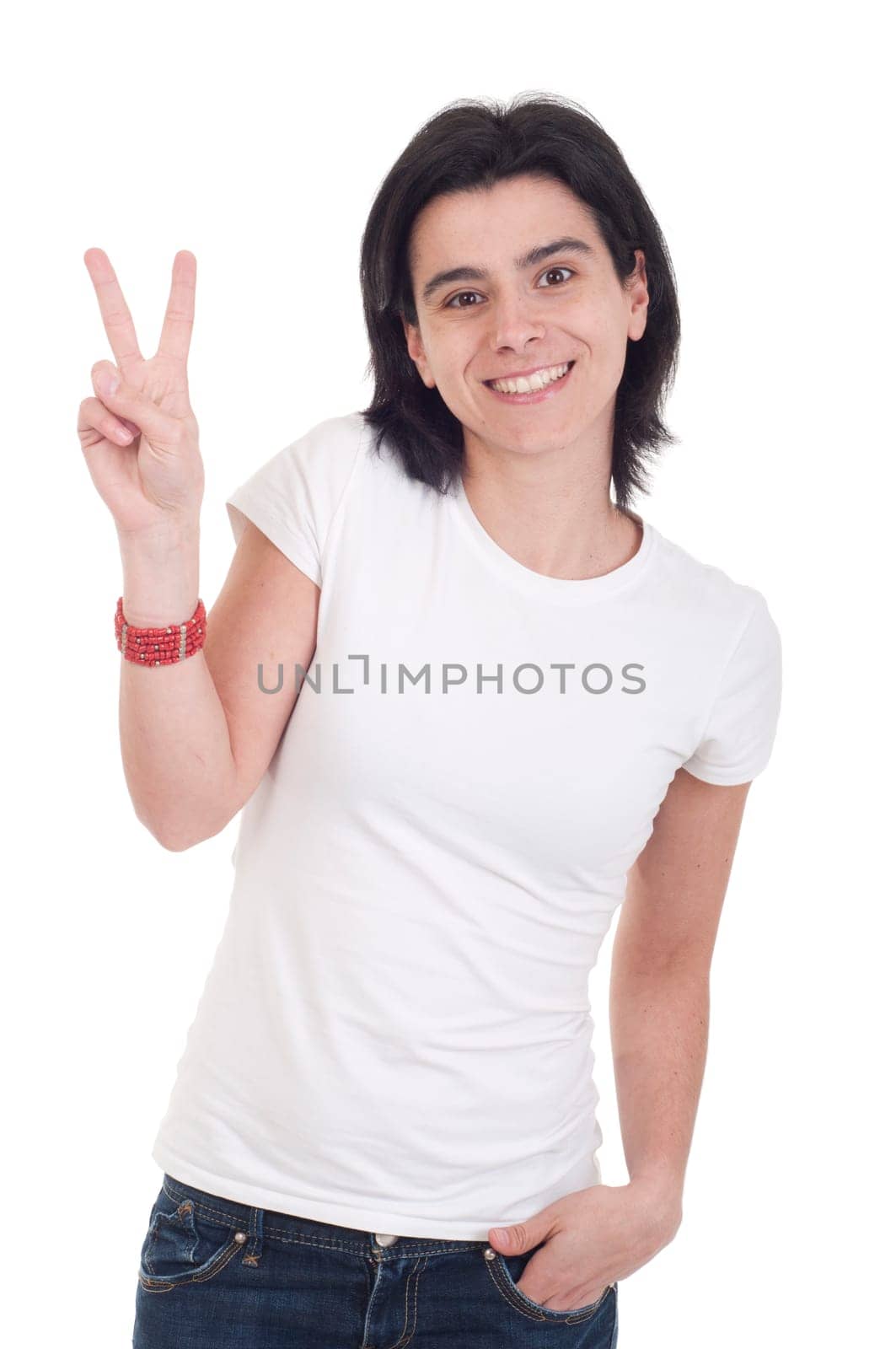 beautiful casual woman showing victory hand sign isolated on white background