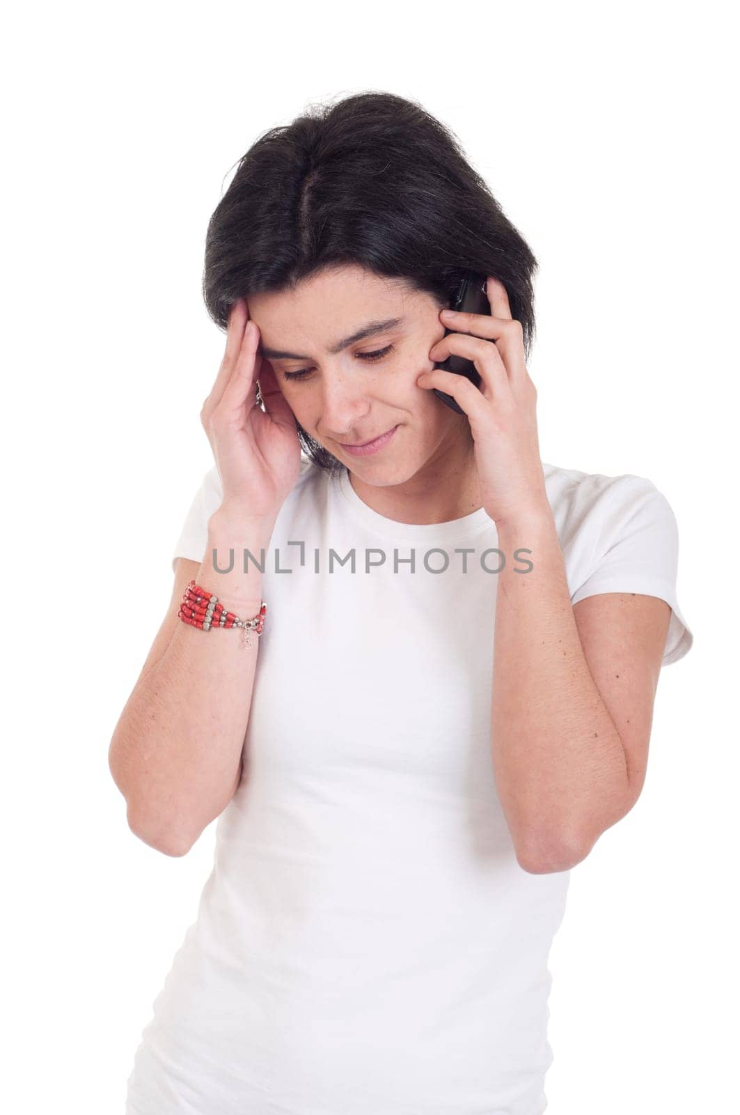 stressed casual woman talking on the phone (isolated on white background)