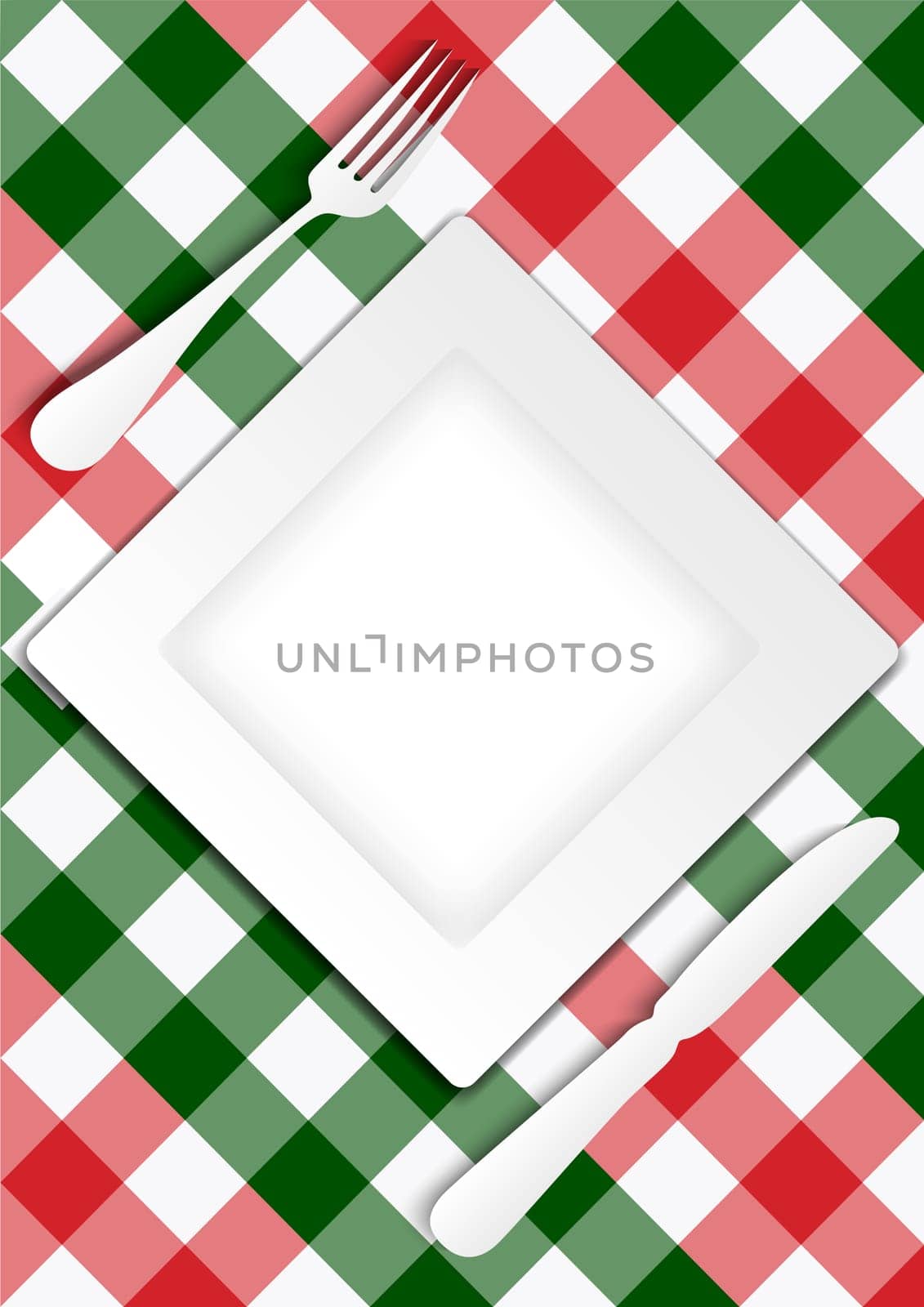 Menu Card Design - Red and Green Gingham Texture With Plate