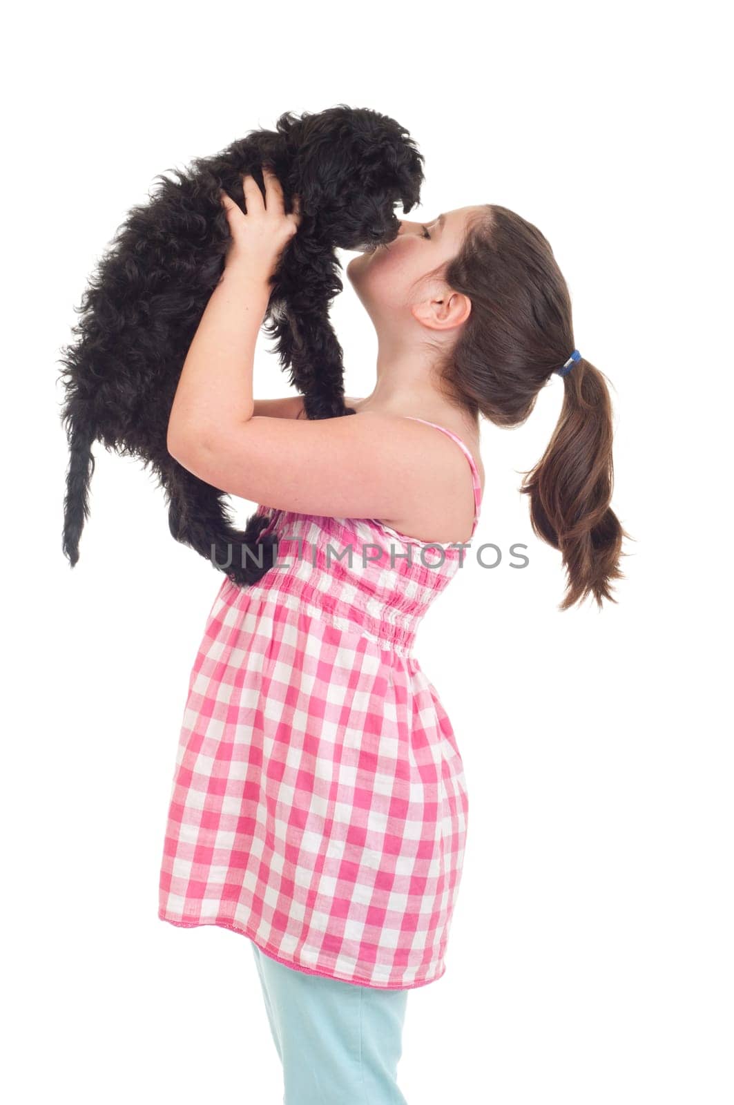 adorable little girl kissing her dog (isolated on white background)
