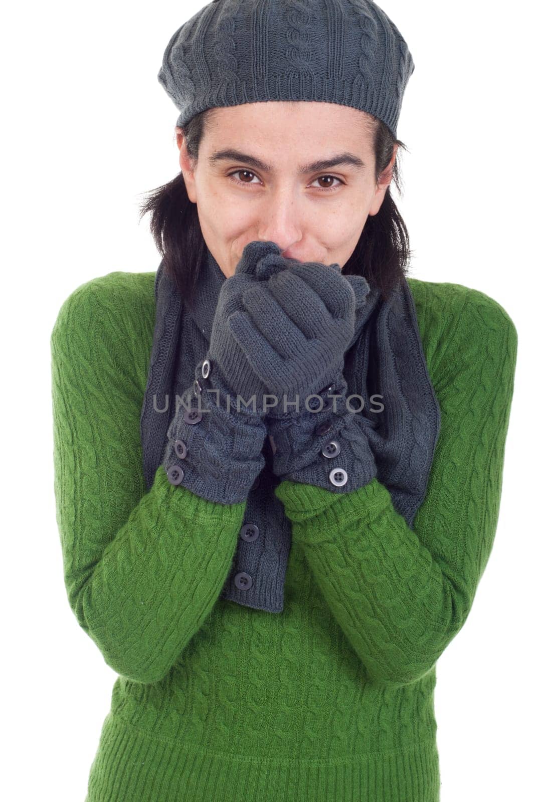freezing winter woman portrait with scarf, gloves and hat (isolated on white background)