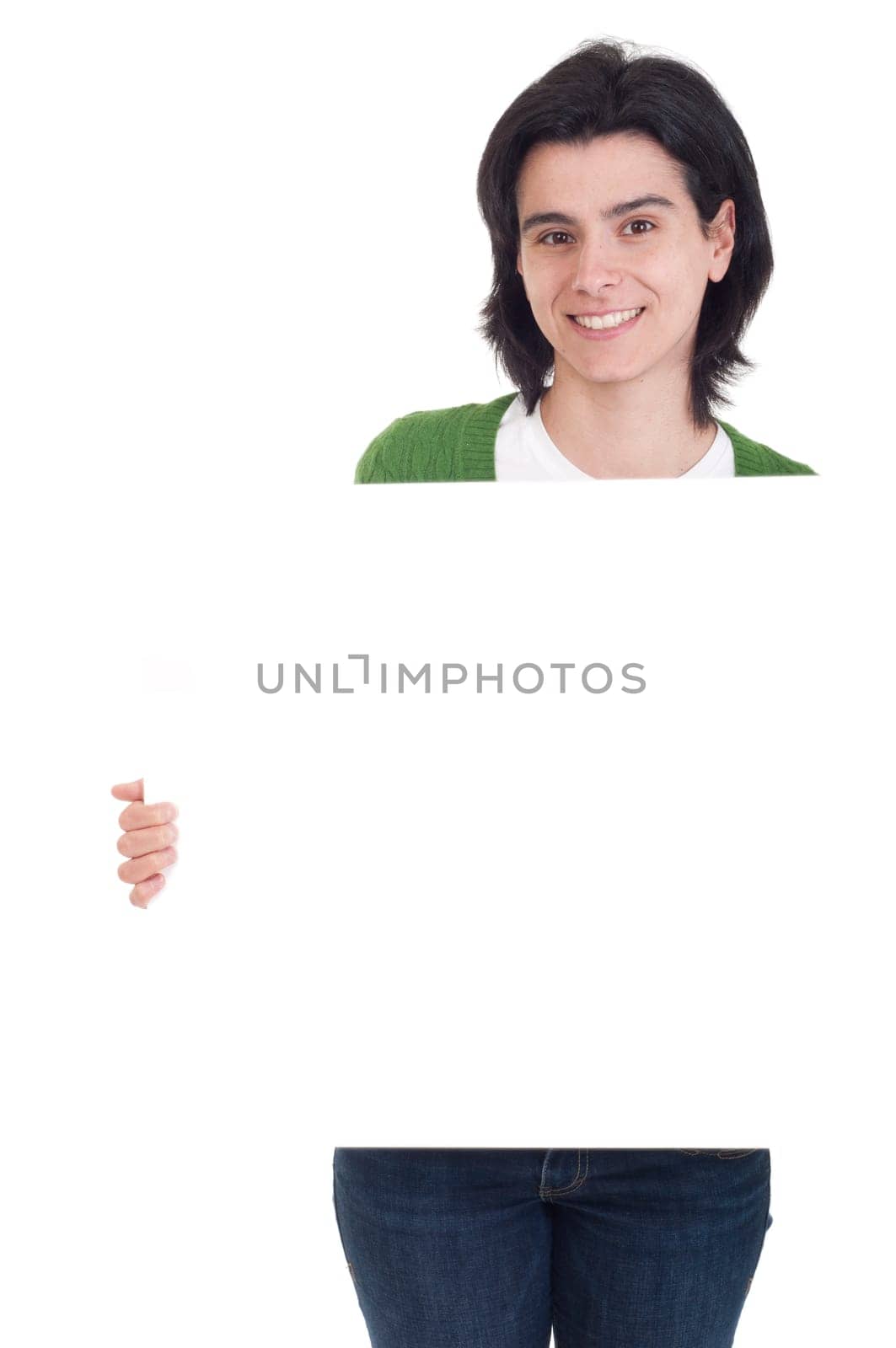 smiling casual woman displaying a banner ad isolated on white background