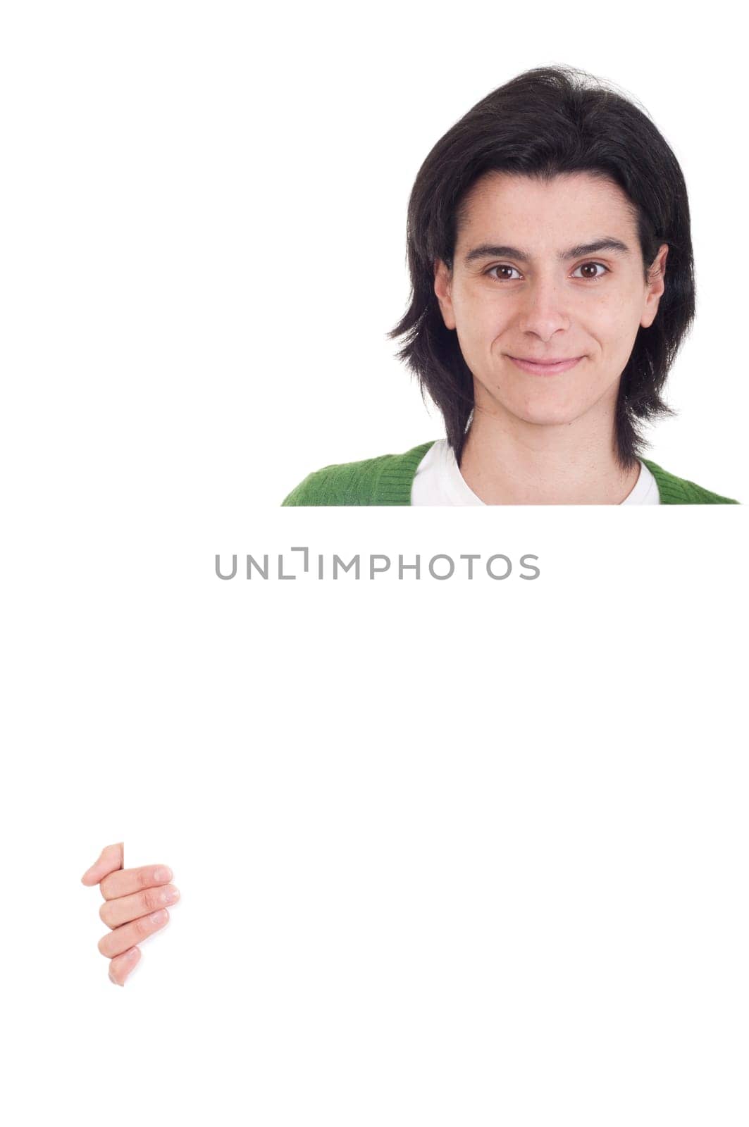 smiling casual woman displaying a banner ad isolated on white background