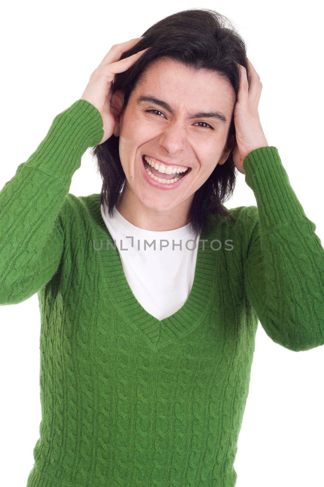 stressed casual woman on pullover isolated on white background