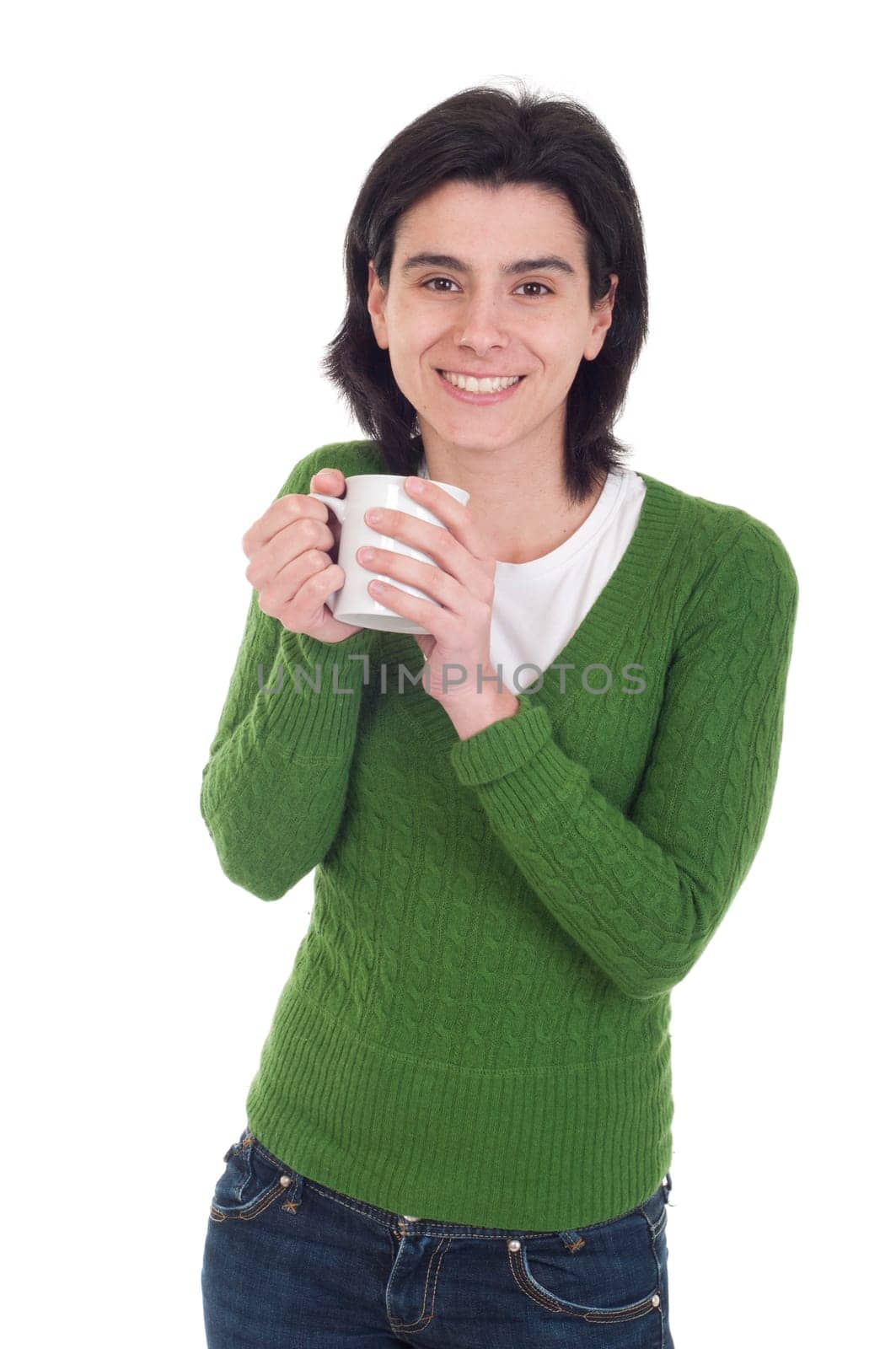 smiling casual woman holding coffee/tea mug (isolated on white background)