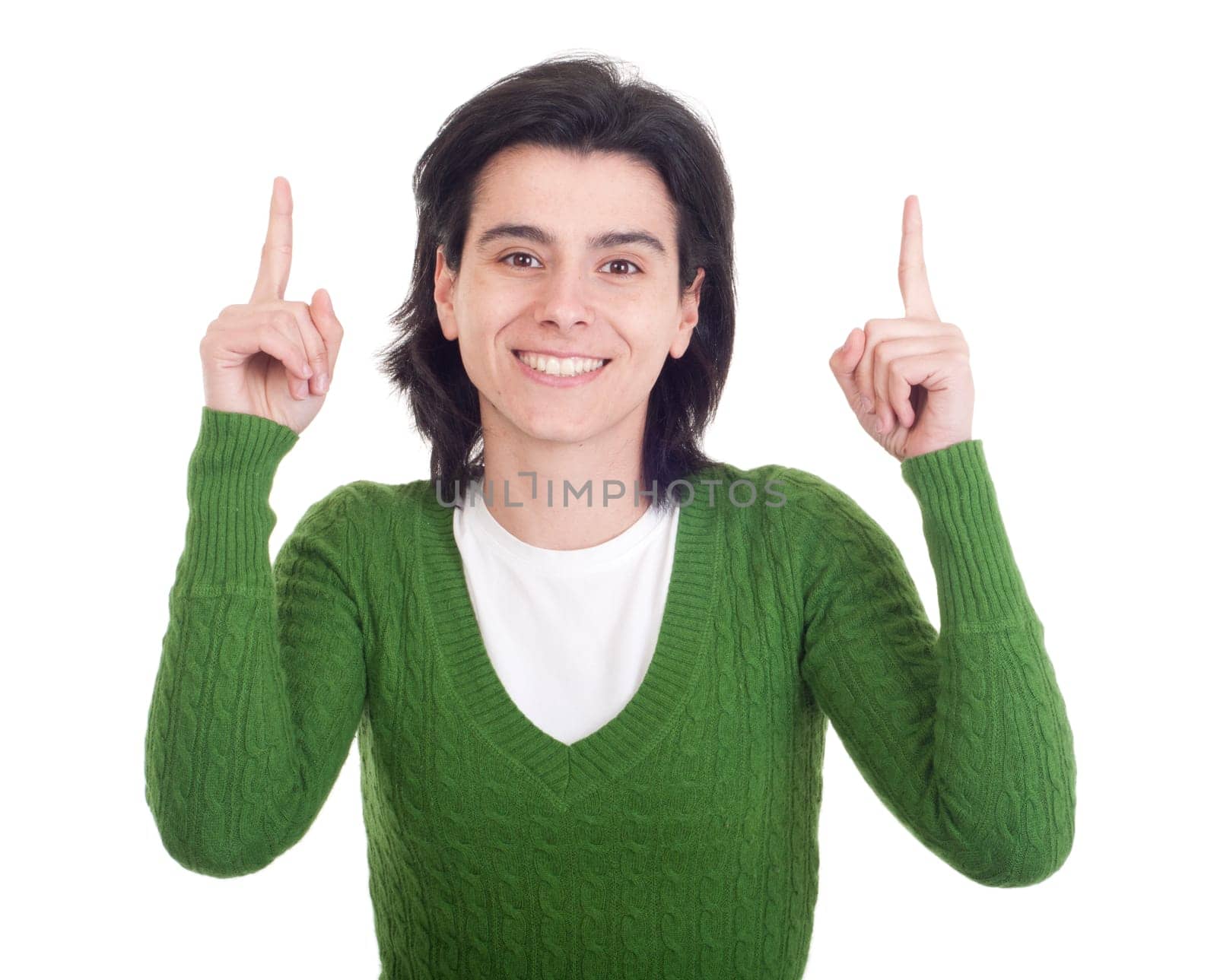 smiling casual woman pointing up isolated on white background