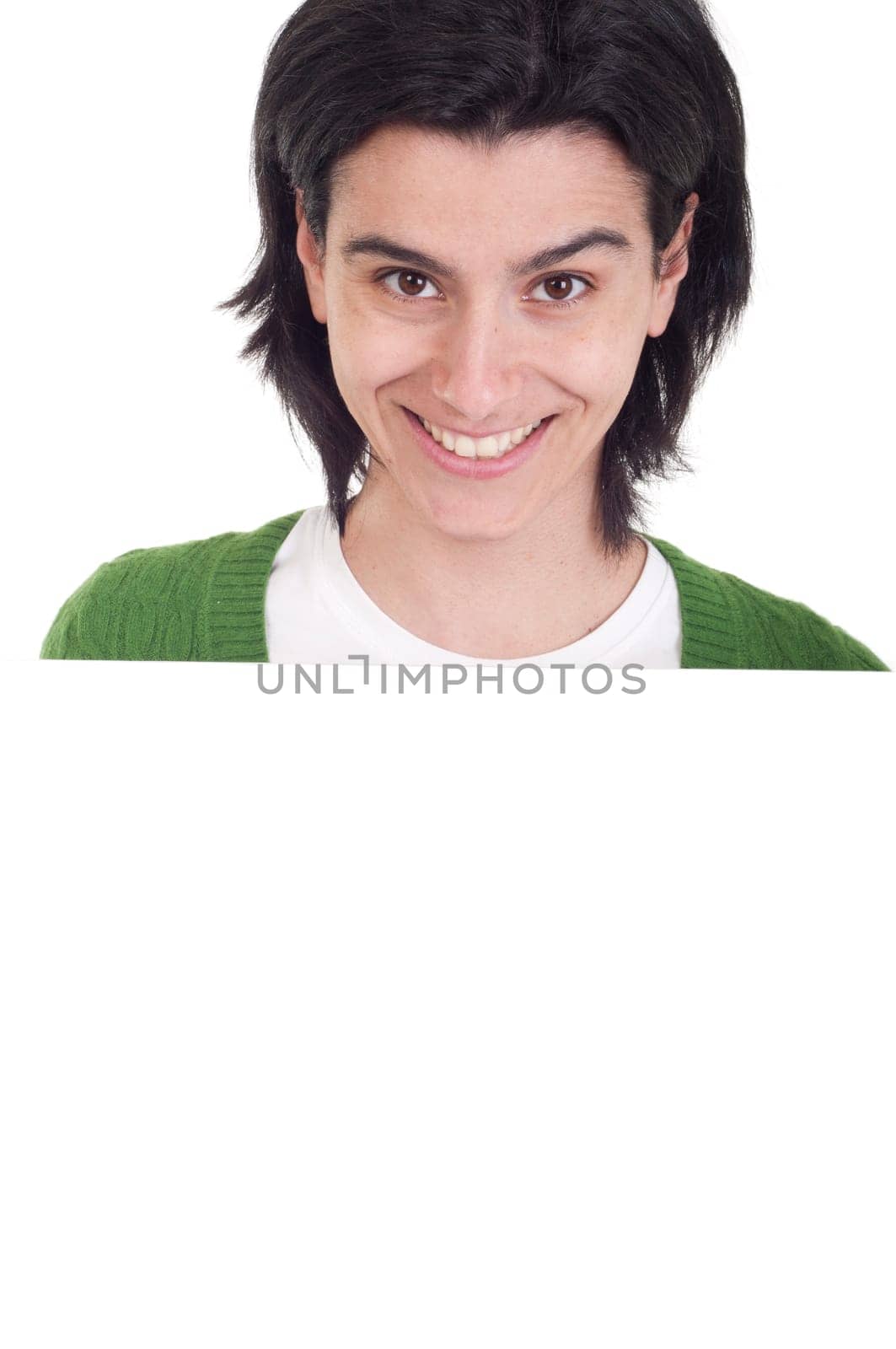smiling casual woman displaying a banner ad isolated on white background