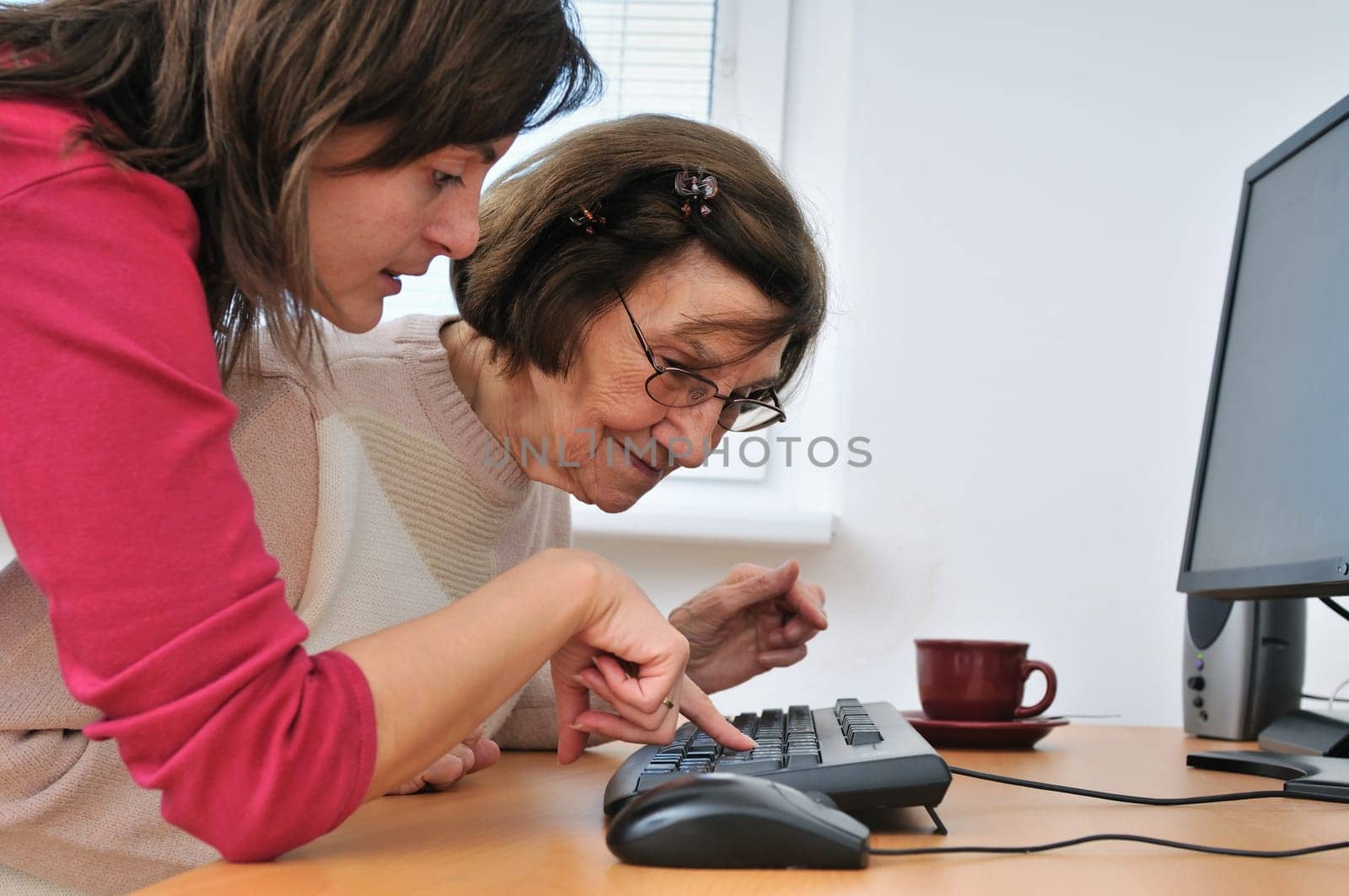 Young woman teaches her grandmother work with computer - senior lifestyle