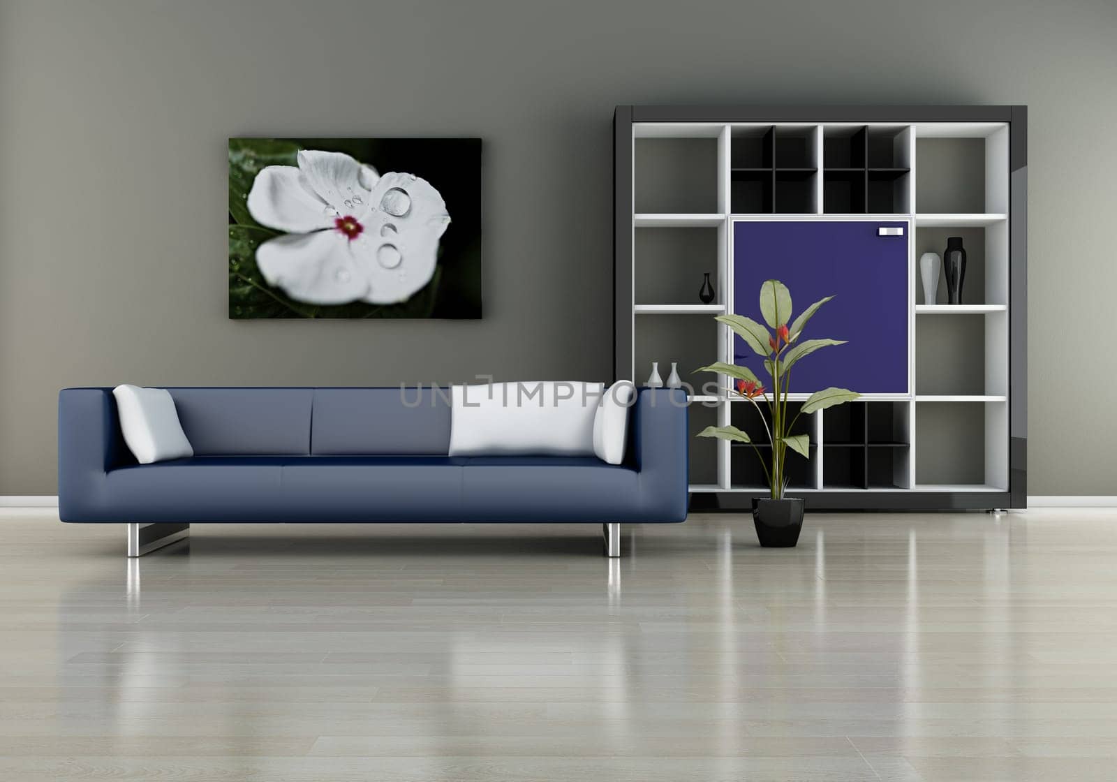 modern interior (3D render) -  Sofa With Bookshelf