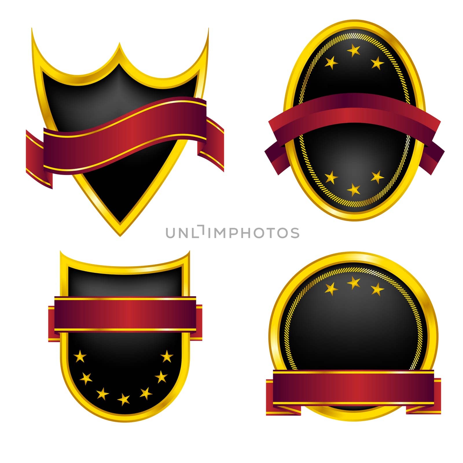 Set of Black and Golden Emblems With Red Ribbon
