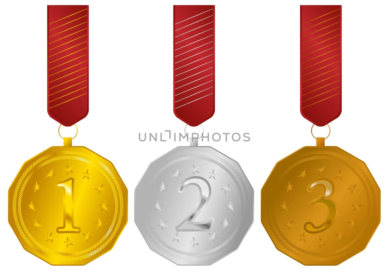 Set of Golden, Silver and Bronze Medals with Ribbons