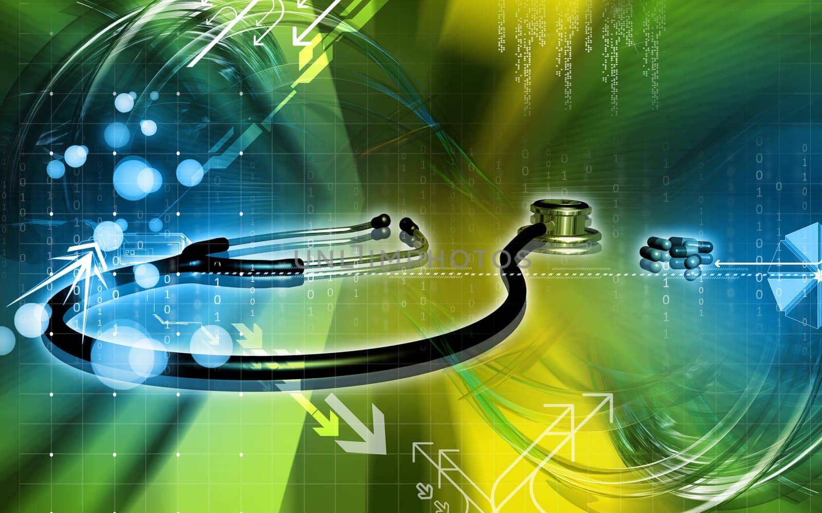 Digital illustration of stethoscope and capsule in colour background