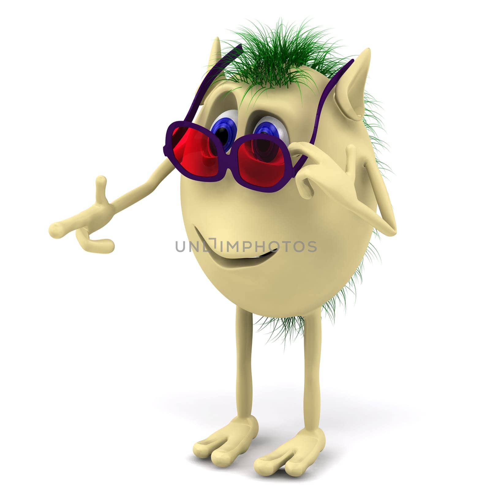 3d funny character puppet with red glasess