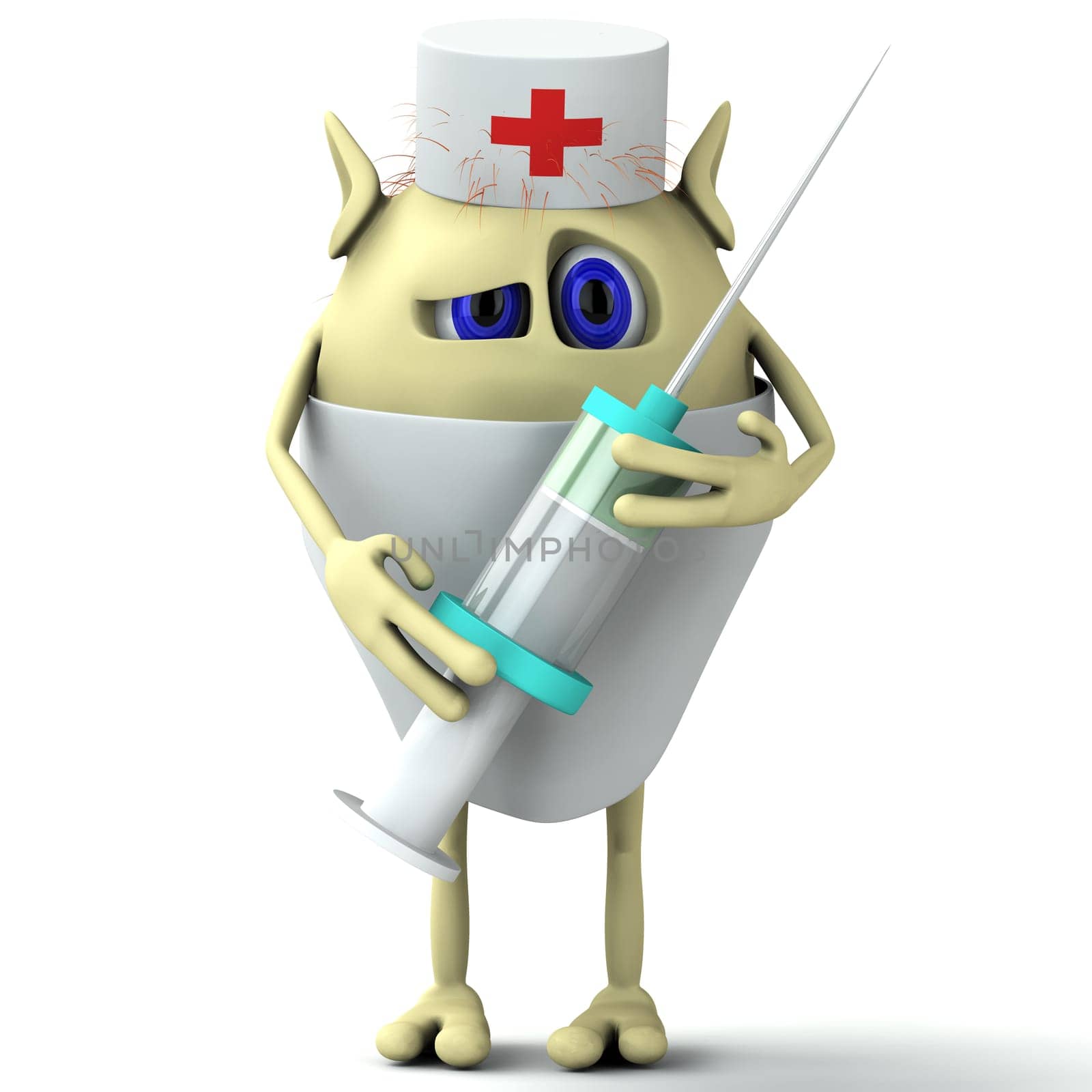 3d character puppet doctor is holding syringe