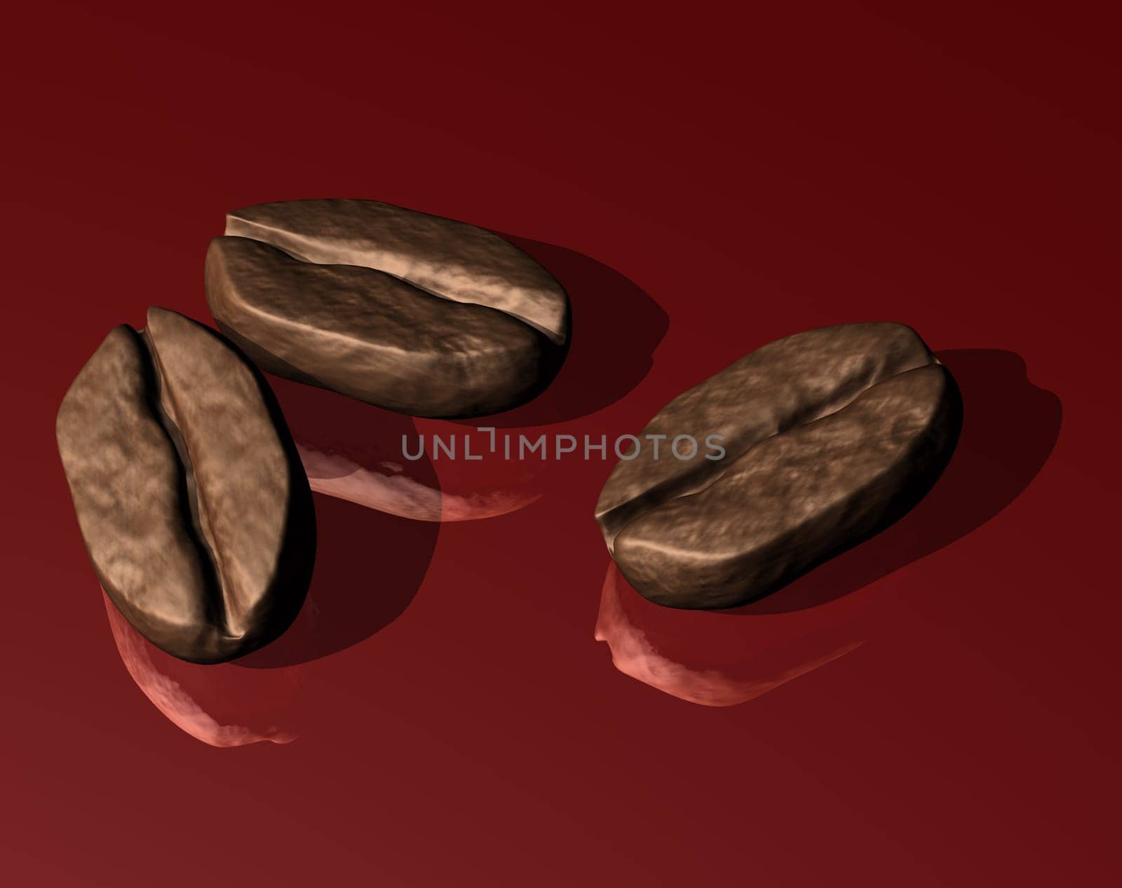 Illustration of three coffee beans on a shiny red surface