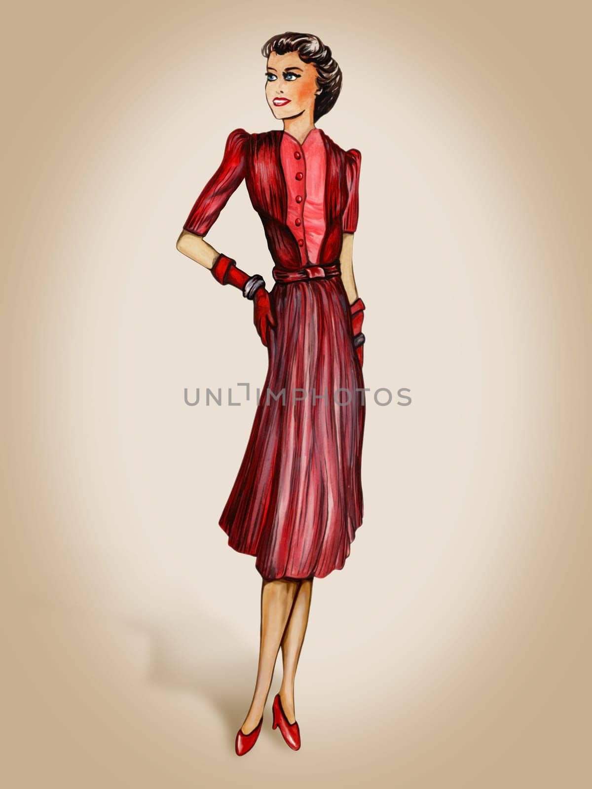 Retro style 1940s inspired fashion illustration