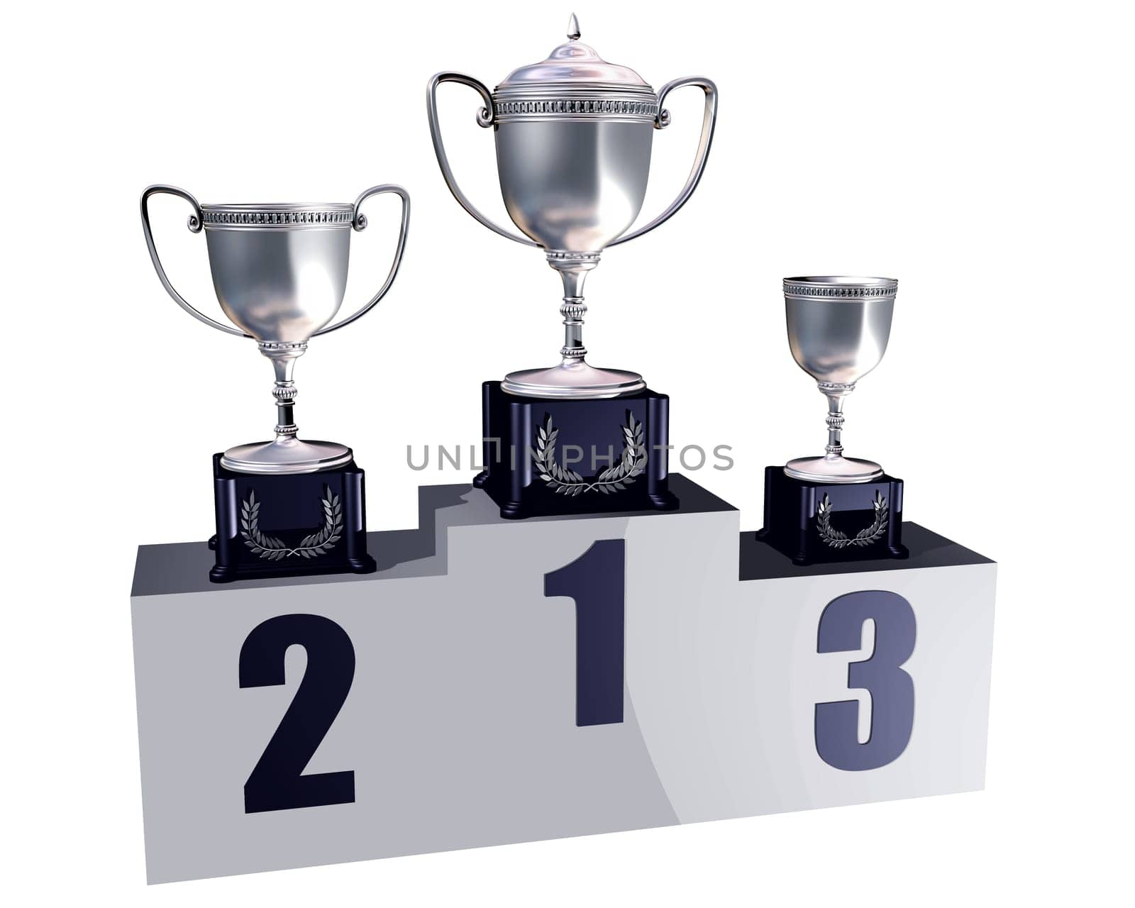 Illustration of highly polished trophies on a podium showing first, second and third places