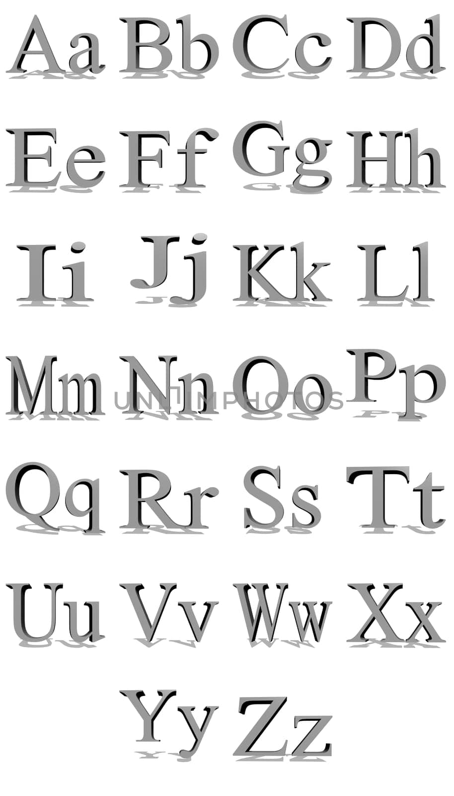 3D Times New Roman grey alphabet with shadows in a white background