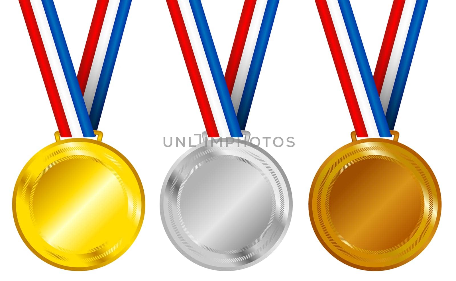 Set of Golden, Silver and Bronze Medals with Ribbons