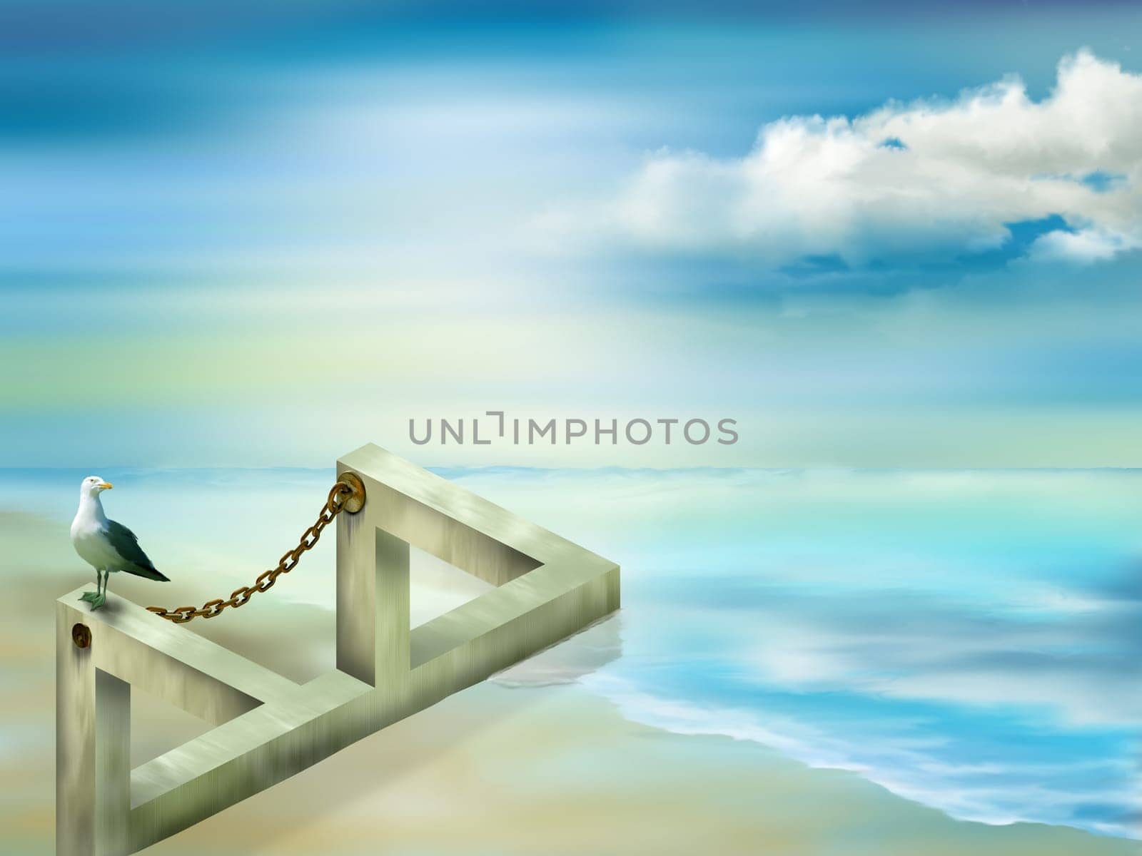 Illustration of an impossible structure on the seashore