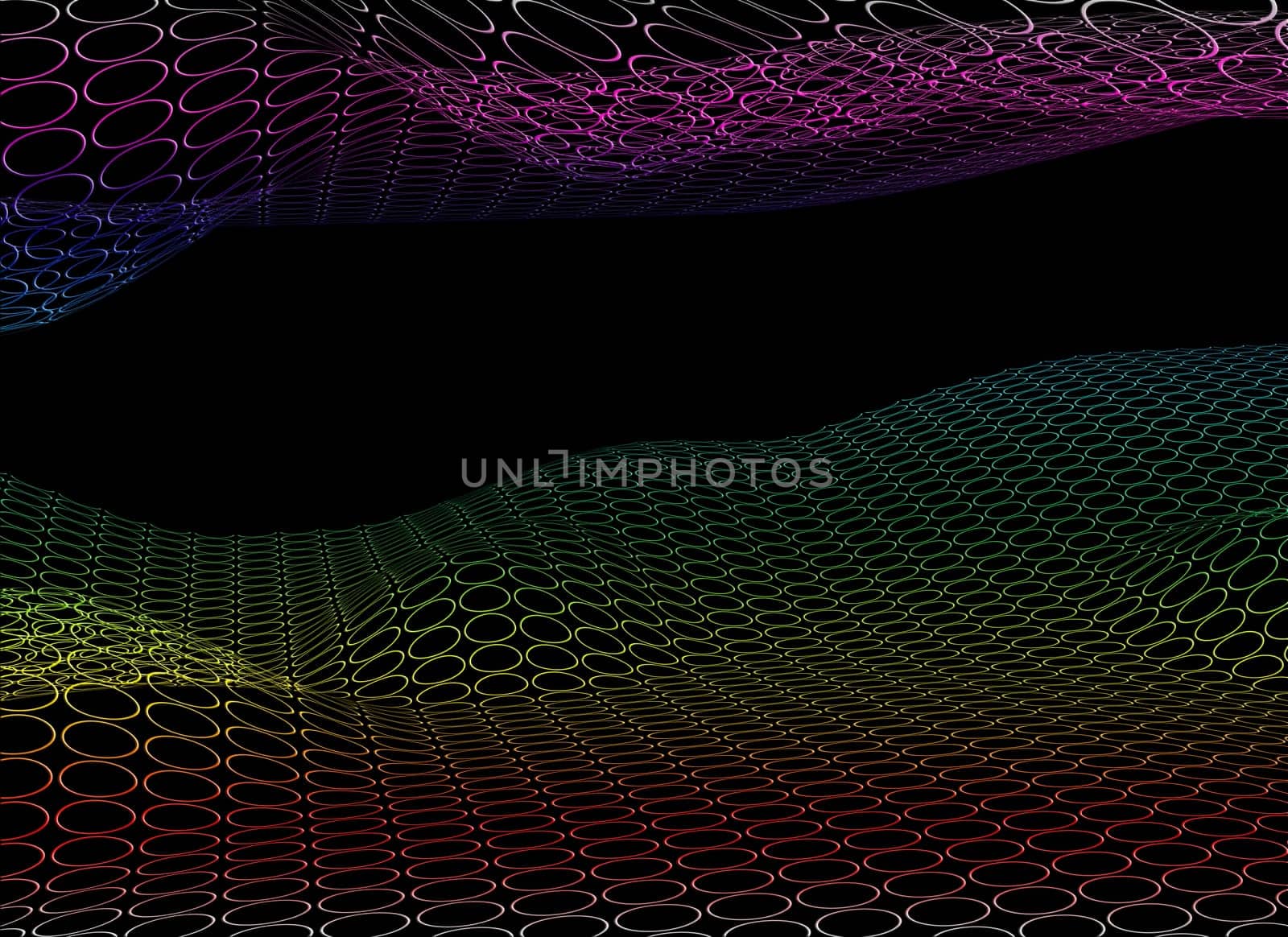Illustration of a futuristic rainbow colored landscape on black background