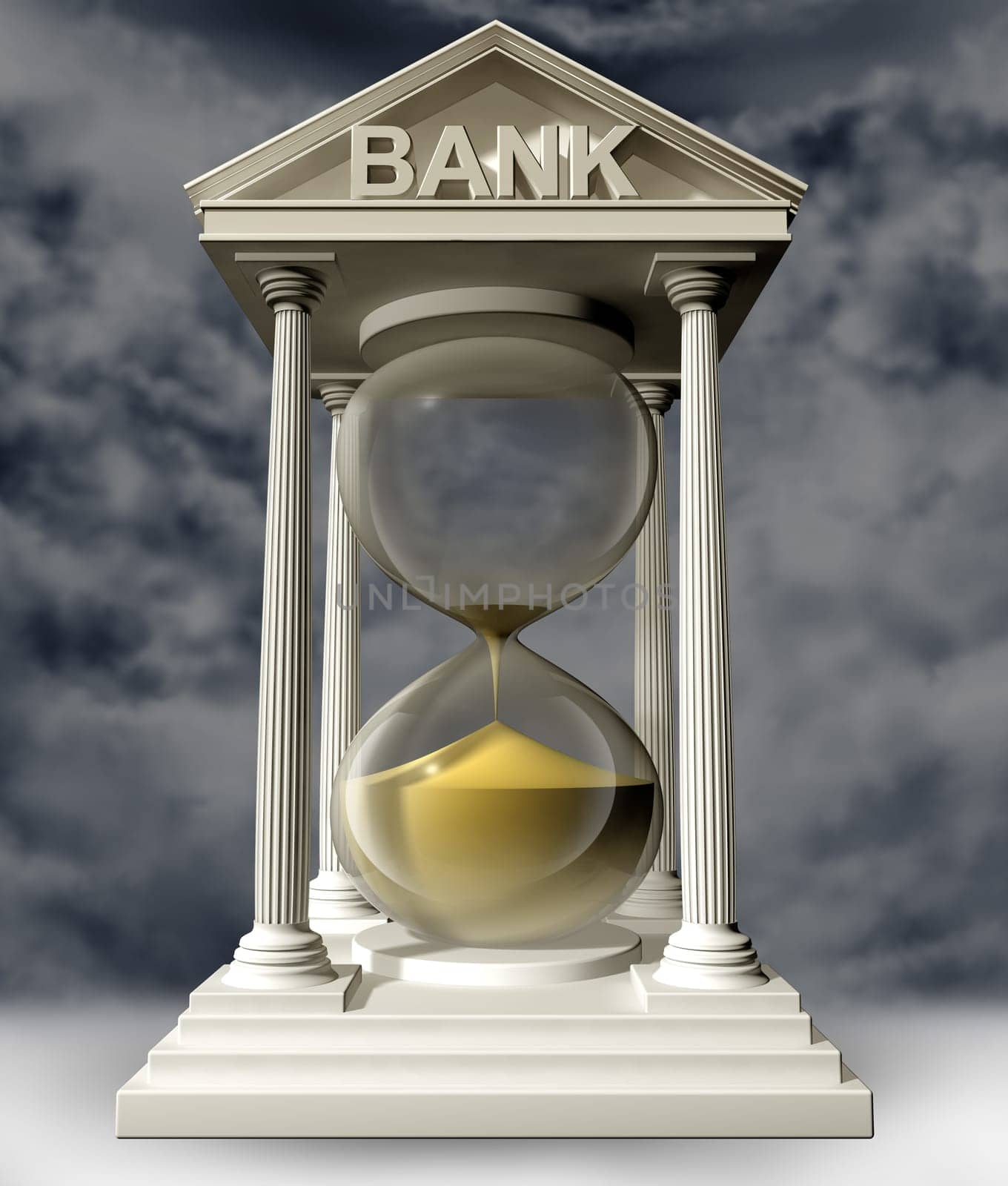 Illustration of a bank in the form of a symbolic hourglass with the sand running out