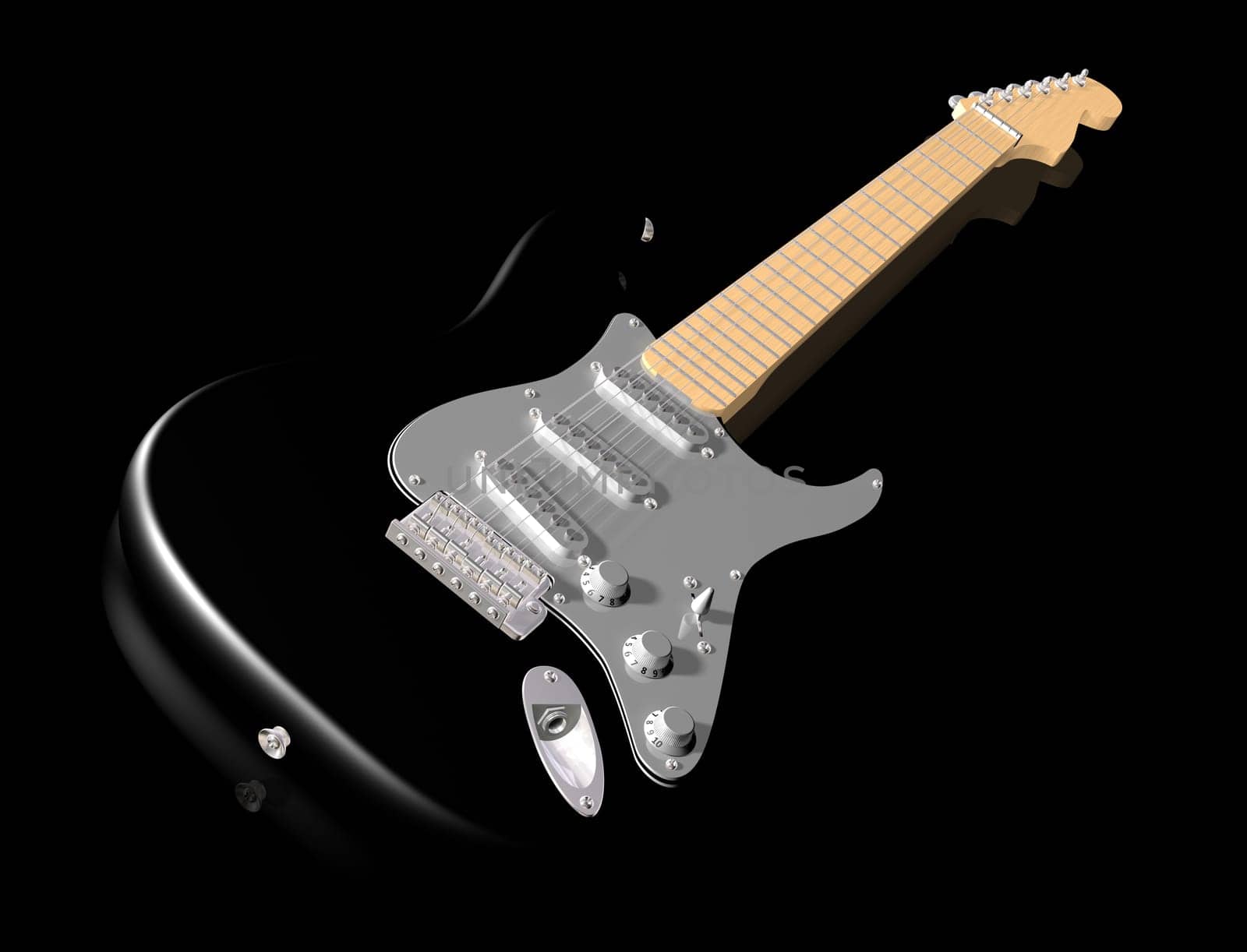 Illustration of a black electric guitar on shiny surface