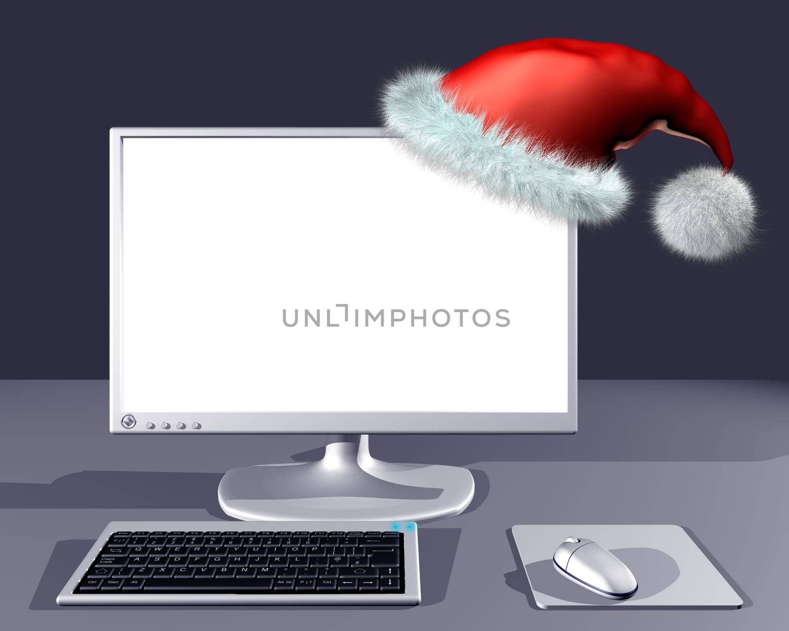 Illustration of Desktop computer with blank screen and Christmas hat