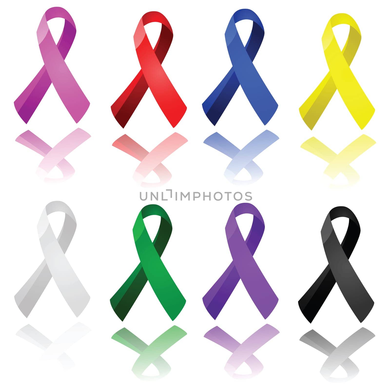 Set of glossy ribbons in different colors, to raise awareness for different causes